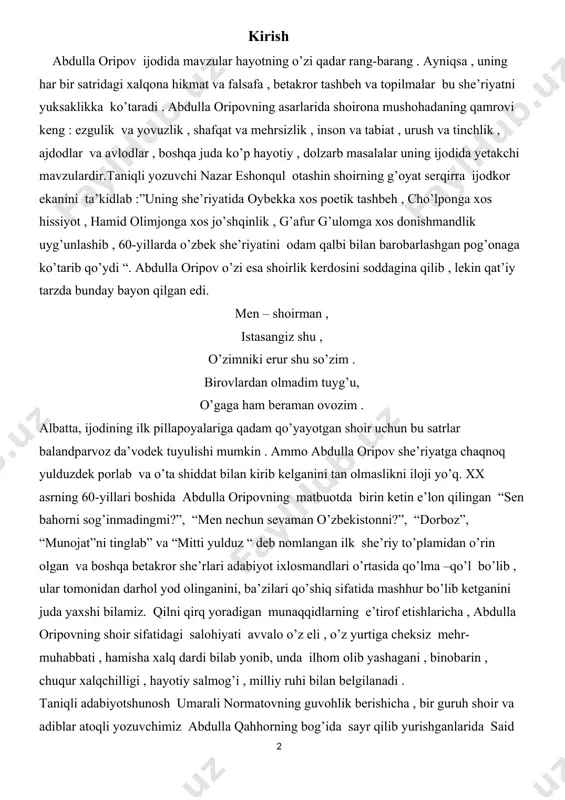 lgan va boshqa betakror she’rlari adabiyot ixlosmandlari o’rtasida qo’lma –qo’l bo’lib , ular tomonidan darhol yod olinganini, ba’zilari qo’shiq sifatida mashhur bo’lib ketganini juda yaxshi bilamiz. qilni qirq yoradigan munaqqidlarning e’tirof etishlaricha , abdulla oripovning shoir sifatidagi salohiyati avvalo o’z eli , o’z yurtiga cheksiz mehr-muhabbati , hamisha xalq dardi bilab yonib, unda ilhom olib yashagani , binobarin , chuqur xalqchilligi , hayotiy salmog’i , milliy ruhi bilan belgilanadi . taniqli adabiyotshunosh umarali normatovning guvohlik berishicha , bir guruh shoir va adiblar atoqli yozuvchimiz abdulla qahhorning bog’ida sayr qilib yurishganlarida said ahmad ustoz abdulla qahhorga : siz “otmishdan ertakalar “ qissangizga mittigina boshlovchi shoir abdulla oripov satrlarini epigraf qilib keltiribsiz , - debdi andak quvlik bilan . shunda abdulla qahhor biroz sukut saqlab , xayolga tolib : bu borada ko’p o’ylab ko’rdim , - debdi. so’ng : - oldinroq abdullajon iltimosimga ko’ra “nurli cho’qqilar”ga epigraf uchun to’rt satr she’r yozib …