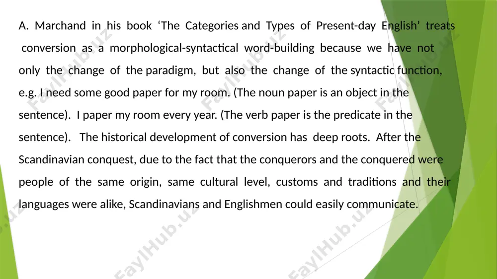 and the lexicogrammatical meaning of the stem coincide. the verb to pen and to father denote an action, a process, therefore the lexico-grammatical meanings of the stems do not coincide with the lexical meanings of the roots. the verbs have a complex semantic structure and they were converted from nouns. 2. if we compare a converted pair with a synonymic word pair which was formed by means of suffixation we can find out which of pair is primary. this criterion can be applied only to nouns converted from verbs, e.g. chat n. and chat v. can be compared with conversation-converse. 3. the criterion based on derivational relations is of more universal character. in this case we must take a word-cluster of relative words to which the converted pair belongs. if the root stem of the word-cluster has suffixes added to noun stem the noun is primary in the converted pair …