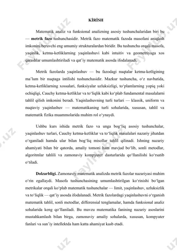 yaqinlashuv turlarining matematik tahlilidir. i bob. metrik fazolarning nazariy asoslari 1.1 metrika (masofa funksiyasi) tushunchasi ta’rif 1. elementlar (nuqtalar) ning biror x to’plami (fazosi) va masofa, ya’ni bir qiymatli, manfiymas, haqiqiy, x, y  x uchun aniqlangan va quyidagi uchta aksiomani qanoatlantiruvchi funksiyadan tuzilgan ( x ,  ) juft metrik fazo deyiladi, agar quyidagi aksiomalar bajarilsa: 1)  (x, y)  0  x  y, 2) (x, y)  ( y, x) (simmetriya aksiomasi), 3)  (x, z)   (x, y)   ( y, z) (uchburchak aksiomasi) . metrik fazoni biz odatda bitta harf bilan belgilaymiz: r  ( x ,  ) . misollar. 1. haqiqiy sonlar to’plami  (x, y)  x  y metrik funksiyasi bilan r1 metrik fazoni tashkil qiladi. 2. n ta haqiqiy sonlarning tartiblangan guruhlari x  (x , x ,, x ) to’plami rn 1 2 n n (x, …
