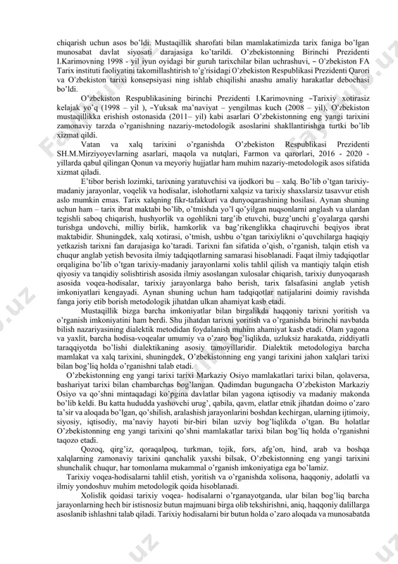 izlik va barqarorlikni ta’minlashda olib borgan siyosati, о’zbekiston respublikasining birinchi prezidenti islom karimov hamda prezident shavkat mirziyoyev rahbarligida amalga oshirilgan islohotlar va ularning natijalari asosida qо’lga kiritilayotgan yutuqlar, respublikada millatlararo va umuminsoniy qadriyatlarning rivojlanishiga yaratilayotgan imkoniyatlar mazkur fanning о’rganish va tahlil qilish obyekti hisoblanadi. milliy istiqlol о’zbek xalqining asriy orzusi, armoni edi. bu yо’lda minglab vatan fidoyilari aziz jonlarini qurbon qildilar. milliy mustaqillikning qо’lga kiritilishi katta yutuq, uning qadriga yetish, mustahkamlash, asrab avaylash mushkul va mas’uliyatli vazifa. har qanday mamlakatning qudrati, uning milliy mustaqilligi davlat chegaralarining daxlsizligi, о’sha mamlakat fuqarolarining о’z yurtiga mehr-muhabbat bilan tarbiya topgani, vatan mustaqilligi va milliy istiqlol uchun kurashda zarur bо’lsa jonini fido qilishga ham tayyor bо’lishdek oliyjanob fazilatlarga ega bо’lishlariga bog’liq. bu fazilatlarni xalq, yurt kelajagi – yoshlar ongida shakllantirish ushbu fanning vazifasi hisoblanadi. shu jihatdan о’zbekistonning eng yangi tarixi fani quyidagi vazifalarni bajaradi: * ajdodlar hayoti bilan bog’liq holda sodir bо’lgan voqealar rivojining mazmun …