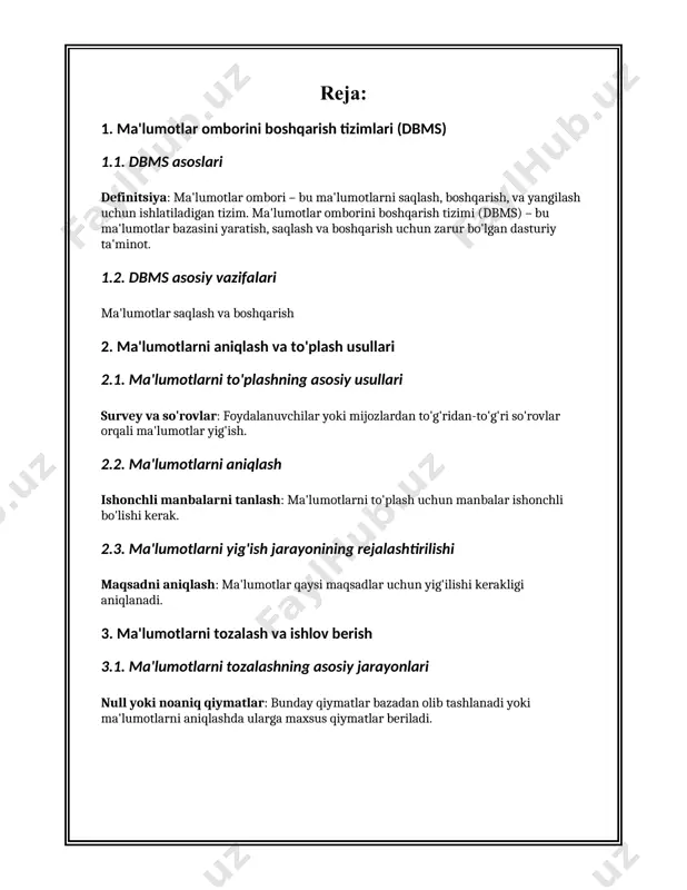 yidagilardan iborat: 1. **ma'lumotlarni saqlash**: ma'lumotlar omborlari turli formatdagi katta hajmdagi ma'lumotlarni saqlash imkonini beradi. masalan, sql (structured query language) relyatsion ma'lumotlar omborida ma'lumotlar jadvallar shaklida saqlanadi. 2. **ma'lumotlarni qidirish va tanlash**: dbms foydalanuvchilarga ma'lumotlar omborida saqlangan ma'lumotlarga kirish va ularni tezkor qidirish imkoniyatini taqdim etadi. masalan, katta hajmdagi ma'lumotlar ichidan kerakli ma'lumotlarni qidirish buyruqlari bilan amalga oshiriladi. 3. **shaxsiylashtirilgan huquqlar boshqaruvi**: dbms foydalanuvchilar uchun turli darajali kirish huquqlarini belgilash imkoniyatini beradi. ma'lumotlar xavfsizligini ta'minlash uchun har bir foydalanuvchi o'zining roliga mos ravishda kirish huquqlariga ega bo'ladi. 4. **ma'lumotlarning yaxlitligini ta'minlash**: dbms ma'lumotlarning yaxlitligi va izchilligini saqlash uchun turli mexanizmlar orqali nazorat qiladi. bu ma'lumotlar o'zgartirilganda yoki yangilanganida, noto'g'ri tushunishga olib keladigan ma'lumot xatolarini kamaytirishga yordam beradi. 5. **zaxira va qayta tiklash**: ma'lumotlar omborlari uchun zaxira nusxalarini yaratish va ularni qayta tiklash imkoniyatini taqdim etadi. bu ma'lumotlar yo'qotilgan yoki buzilgan holatlarda ma'lumotlarni tiklash imkonini beradi. 6. **ma'lumotlar manipulyatsiyasi**: ma'lumotlar omborida …