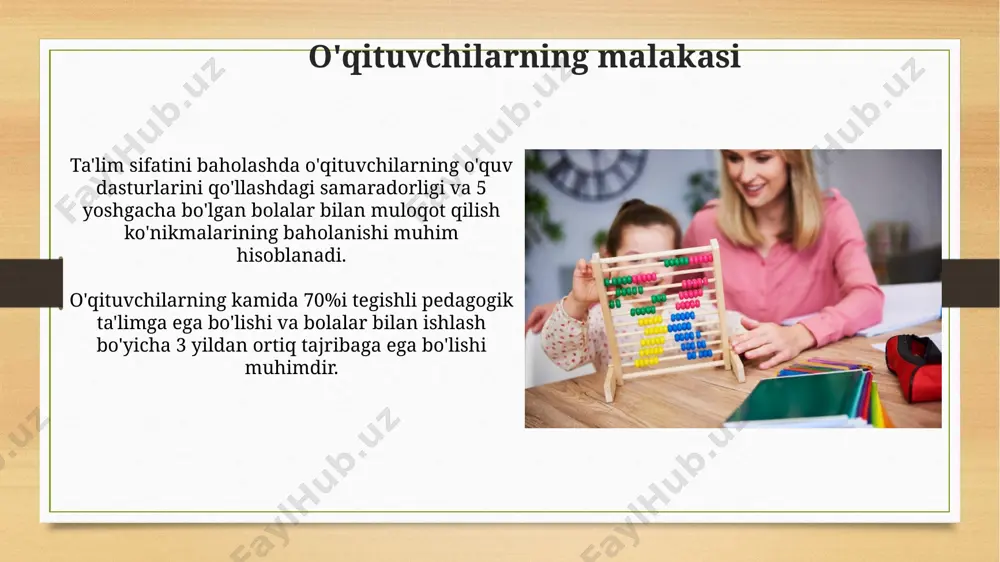 har bir yondashuvning o'ziga xos kuchli va zaif tomonlari mavjud, shuning uchun individual yondashuv muhim ahamiyatga ega. montessori va reggio emilia kabi turli pedagogik yondashuvlar bolalarning ijodkorligini va mustaqil fikrlash qobiliyatini rivojlantirishda 1:3 nisbatda farq qilishi mumkin. kamchiliklar va takomillashtirish yo'llari pedagogik kadrlarning malakasini oshirish bo'yicha o'tkazilgan tadbirlar samaradorligi atigi 40% ni tashkil etadi. amaliy mashg'ulotlar va zamonaviy o'quv usullarini qo'llash orqali ta'lim sifatini oshirish kerak. ba'zi dasturlarda individual yondashuv 15% dan kam hollarda qo'llaniladi, bu esa bolalarning o'ziga xos xususiyatlari va ehtiyojlarini inobatga olmaslikka olib keladi. differensial ta'lim prinsiplarini joriy etish zarur. dasturlarning samaradorligi ta'lim dasturlarining samaradorligini baholashda, o'quvchilarning bilim va ko'nikmalarini o'zlashtirish darajasi 70% dan yuqori bo'lsa, dastur yuqori samarali deb hisoblanadi. dastur samaradorligini aniqlashda, o'quvchilarning rivojlanishidagi ijobiy o'zgarishlar soni va sifati, shuningdek, o'qituvchilarning professional tayyorgarligi kabi omillar hisobga olinadi. e'tiboringiz uchun rahmat @taqdimot_robot image7.jpg image8.jpg image9.jpg image10.jpg image11.jpg image12.jpg image13.jpg image14.jpg image15.jpg image16.jpg image17.jpg image18.jpg image3.png image4.png