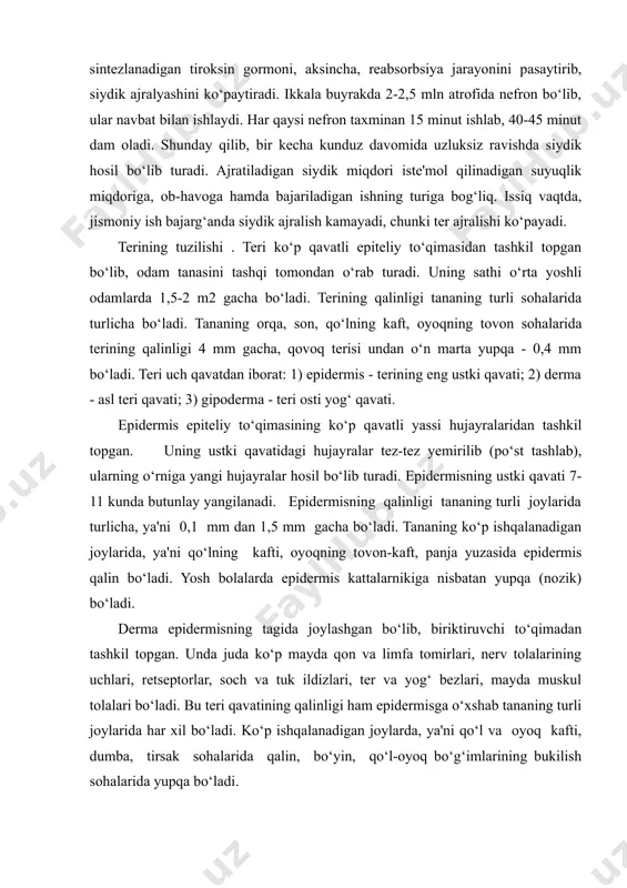 0,4 mm bo‘ladi. teri uch qavatdan iborat: 1) epidermis - terining eng ustki qavati; 2) derma - asl teri qavati; 3) gipoderma - teri osti yog‘ qavati. epidermis epiteliy to‘qimasining ko‘p qavatli yassi hujayralaridan tashkil topgan. uning ustki qavatidagi hujayralar tez-tez yemirilib (po‘st tashlab), ularning o‘rniga yangi hujayralar hosil bo‘lib turadi. epidermisning ustki qavati 7-11 kunda butunlay yangilanadi. epidermisning qalinligi tananing turli joylarida turlicha, ya'ni 0,1 mm dan 1,5 mm gacha bo‘ladi. tananing ko‘p ishqalanadigan joylarida, ya'ni qo‘lning kafti, oyoqning tovon-kaft, panja yuzasida epidermis qalin bo‘ladi. yosh bolalarda epidermis kattalarnikiga nisbatan yupqa (nozik) bo‘ladi. derma epidermisning tagida joylashgan bo‘lib, biriktiruvchi to‘qimadan tashkil topgan. unda juda ko‘p mayda qon va limfa tomirlari, nerv tolalarining uchlari, retseptorlar, soch va tuk ildizlari, ter va yog‘ bezlari, mayda muskul tolalari bo‘ladi. bu teri qavatining qalinligi ham epidermisga o‘xshab tananing turli joylarida har xil bo‘ladi. ko‘p ishqalanadigan joylarda, ya'ni qo‘l va oyoq kafti, dumba, tirsak …