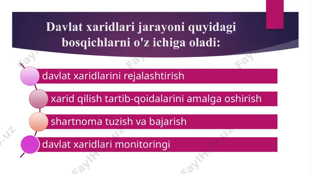 . tomonlar tomonidan shartnoma shartlari bajarilishi - qabul qilish va topshirish dalolatnomasi (bajarilgan ishlar, ko'rsatilgan xizmatlar) imzolangan paytdan boshlab; 7. o'rnatish, ishga tushirish va ishga tushirishni amalga oshirish - qo'llaniladigan texnologiya uchun belgilangan o'rnatish va ishga tushirish ishlarini bajarish shartlari bo'yicha. davlat xaridlari sohasidagi qonun hujjatlarining to‘g‘ri qo‘llanilishi ustidan davlat nazoratini quyidagi vakolatli organlar olib boradi: vakolatli organlar o‘zbekiston respublikasi hisob palatasi o‘zbekiston respublikasi bosh prokuraturasi o‘zbekiston respublikasi korrupsiyaga qarshi kurashish agentligi o‘zbekiston respublikasi moliya vazirligi o‘zbekiston respublikasi monopoliyaga qarshi qo‘mitasi maxsus axborot portali (map) maxsus axborot portali — vakolatli organ tomonidan yuritiladigan, davlat xaridlari toʻgʻrisidagi eʼlonlar, davlat xaridlari natijalari, ishtirokchilarning takliflari va qonun hujjatlarida nazarda tutilgan boshqa maʼlumotlar toʻgʻrisidagi maʼlumotlarni elektron shaklda koʻrishni, shuningdek maʼlumotlarni toʻplashni taʼminlaydigan veb-sayt (maxsus elektron platforma). davlat xaridlari to'g'risidagi ma'lumotlar quyidagilarni o'z ichiga oladi: davlat xaridlari to'g'risidagi qonun hujjatlari; davlat xaridlari jadvallari; davlat xaridlari to'g'risidagi e'lonlar; hujjatlarning standart shakllari; xarid qilish tartib-qoidalarida ishtirok etish …