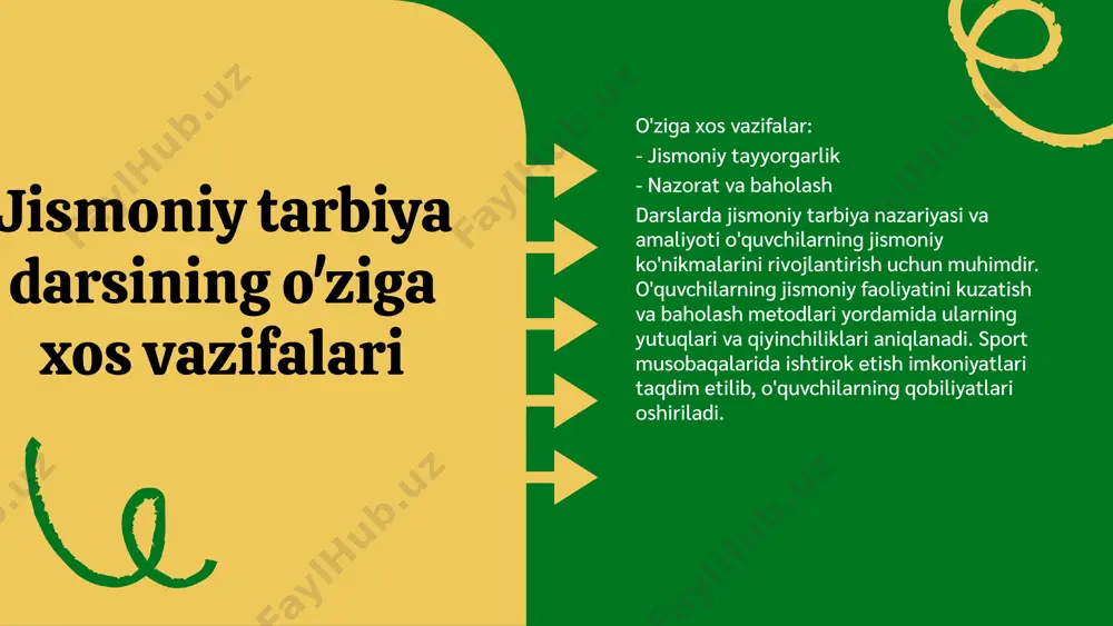 ulotlar davomida xavfsiz muhit yaratish uchun sport zalini toza va tartibli saqlash, uskunalarni muntazam tekshirish va ta'mirlash, shuningdek, o'quvchilarga xavfsizlik qoidalarini o'rgatish muhimdir. har bir darsdan oldin xavfsizlik bo‘yicha ko‘rsatmalar berish yaxshi amaliyotdir. jarohatlanishning oldini olish o‘quvchilarning jarohatlanishining oldini olish uchun turli choralar ko‘rilishi zarur. dars davomida himoya vositalarini taqdim etish, mashg‘ulotlardan oldin isinish harakatlarini bajarish va o‘quvchilarni doimiy nazorat qilish muhimdir. jismoniy tarbiya darslarining vazifalari jismoniy tarbiya darslarining asosiy vazifalari o'quvchilarning jismoniy tayyorgarligini oshirish, sog'lom hayot tarzini targ'ib qilish va o'qituvchining darslarni samarali tashkil etishidir. o'quvchilar jismoniy faollik orqali kuch va chidamliliklarini rivojlantirishadi, shu bilan birga sog'lom turmush tarzini qabul qilishadi. o'qituvchi esa, darslarni rejalashtirishda, metodlarni tanlashda va o'quvchilarga kerakli ko'nikmalarni berishda muhim rol o'ynaydi. shu tarzda, jismoniy tarbiya darslari nafaqat jismoniy, balki ruhiy salomatlikni ham ta'minlaydi. jismoniy tarbiya darslarida o'qituvchi roli o'qituvchining darslarni o'tkazishdagi ahamiyati juda katta. u o'quvchilarga bilim berish bilan birga, ularning qiziqishini uyg'otish va motivatsiya …