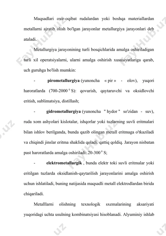 ), a. oz miqdorda sulfatlar, asil metallar, namlik va boshqalar. materialni gidrometallurgik qayta ishlashga tayyorlashda sulfatli qovurish qo'llaniladi , bunda olingan metallni oson eriydigan birikmalarga (sulfatlar va oksidlarga), shuningdek, qiyin eriydigan oksidlarga aylantirishga intiladi. oksidlanishli qovurishdan farqli o'laroq, sulfatli qovurish zaryadi oqimlarni o'z ichiga olmaydi va faqat ruda yoki konsentratdan iborat. qayta tiklanadigan qovurish temir rudalarini qayta ishlashda qo'llaniladi: qizil va jigarrang temir rudalari. qisman qisqarish natijasida magnit bo'lmagan fe 2 o 3 va fe 2 o 3 × h 2 o oksidlari magnetitga aylanadi: fe 2 o 3 + co ® fe 3 o 4 + co 2 , buning natijasida temir rudalarini boyitishning eng samarali usuli - elektromagnitdan foydalanish mumkin bo'ladi. qaytaruvchi kuydirishning o'ziga xos turi bu vaelzizatsiya - jarayon haroratida sublimatsiya qiluvchi ba'zi metallar oksidlarining qattiq fazalarida uglerod-termik qisqarish jarayoni gaz fazasiga o'tadi. nisbatan uchuvchi metallar guruhiga hg , cd , na , zn , mg kiradi …