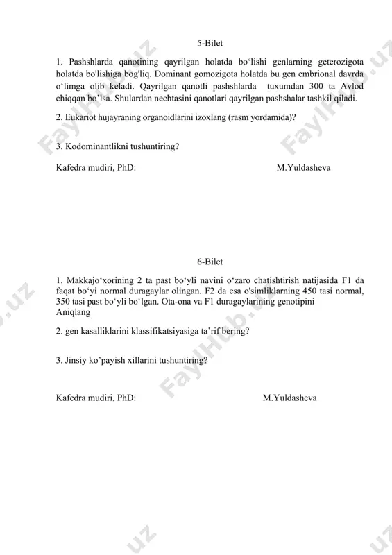 vlodning necha foizi uchta belgi bo’yicha retsessiv genga ega bo'ladi? (krossingover 17%) 2. mendel qonunlarini izoxlang? 3. transkripsiyani bosqichlarini bir-biridan farqlang? kafedra mudiri, phd: m.yuldasheva 8-bilet 1. odamda sochning jingalakligi silliqligi ustidan, terining qora rangda bo’lishi oq rang ustidan chala dominantlik qiladi. getrazigotalarning sochi to’lqinsimon, terisi oraliq rangda bo’ladi. daltonizm kasalligi esa ressesiv belgi bo’lib jinsga bog’liq holda irsiylanadi. to’lqinsimon sochli oraliq rangli daltonizm bo’yicha sog’ ona va to’lqinsimon sochli qora rangli sog’lom otadan: jingalak sochli, qora rangli, daltonik o’g’il, silliq sochli, oraliq rangli, sog’lom qiz va to’lqinsimon sochli, oraliq rangli, daltonik o’g’il tug’ilgan. ota-ona va farzandlar genotipini toping? 2. talodomid moddasi xomilani rivojlanishiga qanday ta’sir ko’rsatadi? 3. partenogenezni androgenezdan farqini tushuntiring? kafedra mudiri, phd: m.yuldasheva 9-bilet 1. odamda ko’rlikning 2 turi bor va ular ressesiv genlar bilan belgilanadi. ko’z qorachig’ining to’liq ko’rinmasligi ressesiv belgi jinsga bog’liq holda irsiylanadi. qizning onasi ko’rlikning 1-belgisi bilan kasallangan, qolgan belgilar bo’yicha sog’, otasi …