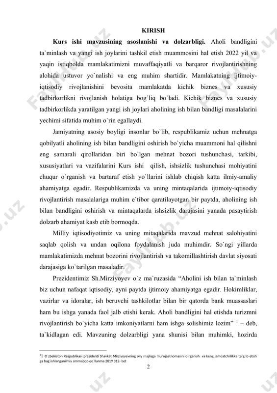 moqda. milliy iqtisodiyotimiz va uning mitaqalarida mavzud mehnat salohiyatini saqlab qolish va undan oqilona foydalanish juda muhimdir. so`ngi yillarda mamlakatimizda mehnat bozorini rivojlantirish va takomillashtirish davlat siyosati darajasiga ko`tarilgan masaladir. prezidentimiz sh.mirziyoyev o`z ma`ruzasida “aholini ish bilan ta`minlash biz uchun nafaqat iqtisodiy, ayni paytda ijtimoiy ahamiyatga egadir. hokimliklar, vazirlar va idoralar, ish beruvchi tashkilotlar bilan bir qatorda bank muassaslari ham bu ishga yanada faol jalb etishi kerak. aholi bandligini hal etishda turizmni rivojlantirish bo`yicha katta imkoniyatlarni ham ishga solishimiz lozim” – deb, ta`kidlagan edi. mavzuning dolzarbligi yana shunisi bilan muhimki, hozirda respublikamizda har yili 600 mingga yaqin yoshlar kasb-hunar kollejlarini bitirib chiqmoqdalar. ularni ish bilan ta`minlash uchun esa islohotlarning tanlangan yo`nalishiga mos holda yangi ish o`rinlarini tashkil etish, ishsizlikni kamaytirish va ish bilan bandlikni oshirish siyosatini ishlab chiqish muhim ahamiyat kasb etmoqda. kurs ishining obekti o`zbekistonda agrosanoat tizimi va uning rivojlanishi konsepsiyasi hisoblanadi kurs ishining predmeti mamalakatimizda yuzaga kelayotgan tashqi …