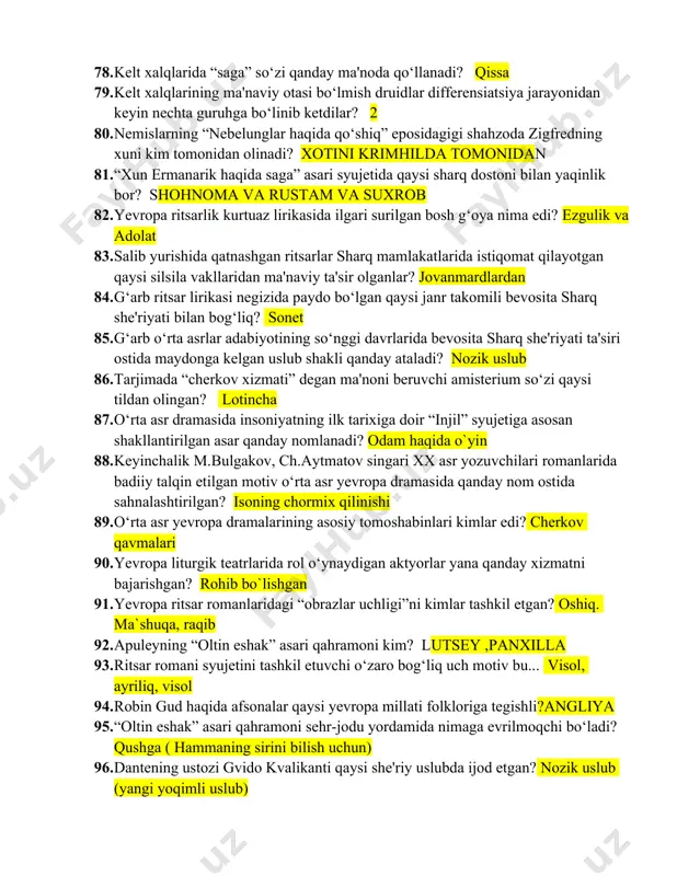 ? shohnoma va rustam va suxrob 82. yevropa ritsarlik kurtuaz lirikasida ilgari surilgan bosh g‘oya nima edi? ezgulik va adolat 83. salib yurishida qatnashgan ritsarlar sharq mamlakatlarida istiqomat qilayotgan qaysi silsila vakllaridan ma'naviy ta'sir olganlar? jovanmardlardan 84. g‘arb ritsar lirikasi negizida paydo bo‘lgan qaysi janr takomili bevosita sharq she'riyati bilan bog‘liq? sonet 85. g‘arb o‘rta asrlar adabiyotining so‘nggi davrlarida bevosita sharq she'riyati ta'siri ostida maydonga kelgan uslub shakli qanday ataladi? nozik uslub 86. tarjimada “cherkov xizmati” degan ma'noni beruvchi amisterium so‘zi qaysi tildan olingan? lotincha 87. o‘rta asr dramasida insoniyatning ilk tarixiga doir “injil” syujetiga asosan shakllantirilgan asar qanday nomlanadi? odam haqida o`yin 88. keyinchalik m.bulgakov, ch.aytmatov singari xx asr yozuvchilari romanlarida badiiy talqin etilgan motiv o‘rta asr yevropa dramasida qanday nom ostida sahnalashtirilgan? isoning chormix qilinishi 89. o‘rta asr yevropa dramalarining asosiy tomoshabinlari kimlar edi? cherkov qavmalari 90. yevropa liturgik teatrlarida rol o‘ynaydigan aktyorlar yana qanday xizmatni bajarishgan? rohib …