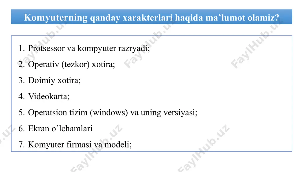 qargan firma va uning modeli orqali kompyuter qaysi firmaning qaysi markadagi mahsuloti ekanini aniqlashimiz mumkin. asosiy ishlab chiqaruvchilar: hp, asus, acer, dell, lenovo, apple, samsung, toshiba, sony va b. komyuter firmasi va modeli (fixmyhomecomputer.com.au) mening kompyuterim xarakteristikasi yakuniy natija protsessor va kompyuter razryadi intel core i3 m370 / x64 razryadli operativ (tezkor) xotira 4 gb doimiy xotira 1 tb hdd, 128 gb ssd videokarta standart operatsion tizim (windows) va uning versiyasi microsoft windows 10 professional ekran o’lchamlari 1366 x 768 komyuter firmasi va modeli acer kompyuterni konspekt yozish yoki shunchaki kuzatish bilan o’rganib bo’lmaydi! ko’rgan narsalarni amalda bajarish zarur, shu sababli ushbu topshiriqni bajaring. topshiriq yakuniy natija protsessor va kompyuter razryadi operativ (tezkor) xotira doimiy xotira videokarta operatsion tizim (windows) va uning versiyasi ekran o’lchamlari komyuter firmasi va modeli image1.png image2.png image3.png image4.jpeg image5.jpeg image6.jpeg image7.png image8.png image9.jpeg image10.jpeg image11.png image12.png image13.jpg /docprops/thumbnail.jpeg