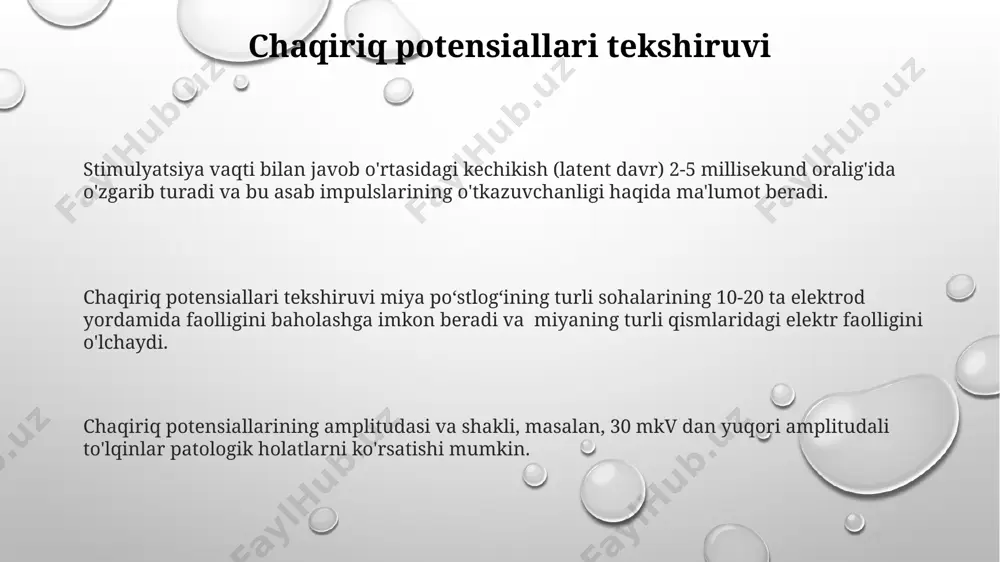 i o'tib, murakkab javoblarni ta'minlaydi. neyroobrazlash usullari (kt, mrt) diffuziya tenzori tasviri (dtt) mrt ning maxsus turi bo'lib, suv molekulalarining miya oq moddasidagi harakatini o'lchab, aksomalarning yo'nalishini va butunligini aniqlashga imkon beradi, bu esa miyaning o'tkazuvchan yo'llarining faolligini o'rganishga yordam beradi. mrt yuqori magnit maydon va radioto'lqinlardan foydalanib, miya to'qimalarining batafsil 1-3 mm o'lchamdagi kesmalarini yaratib, oq modda traktlarining buzilishini aniqlashga imkon beradi, bu esa o'tkazuvchan yo'llar faolligini baholashda muhimdir. kt tekshiruvi miya tuzilmalarining 3d tasvirini 1-2 mm qalinlikdagi kesmalar bilan hosil qilib, bosh suyagi shikastlanishlari, qon quyilishlar va bosh miya o'smalari kabi patologiyalarni aniqlash imkonini beradi. magnit-ensefalografiya (meg) megning bir afzalligi shundaki, u bosh suyagining magnit maydonlariga ta'sirini kamaytiradi, bu esa miya faoliyatining chuqurroq qatlamlarini o'rganishga imkon beradi va ~3 sm chuqurlikdagi manbalarning aniq joylashuvini aniqlashga yordam beradi. magnit-ensefalografiya (meg) miya faoliyatining 1000 ga yaqin neyronlar guruhlari tomonidan hosil qilingan magnit maydonlarini yuqori aniqlikda o'lchaydigan, millisekundlik vaqt o'lchovi bilan …