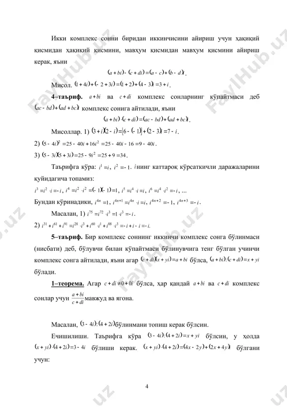 ни ечиш билан чекланамиз. 1–мисол. тенгламани ечинг. ечиш. тенгламанинг чап қисмидан ифодани кўпайтувчиларга ажратамиз: . , . тенгламадан: . чунки: . . 2–мисол. тенгламани ечинг. ечиш. ва бўлгани чун . , . . . 3–мисол. тенгламани ечинг. ечиш. . . , . , . 4–мисол. тенгламани ечинг. ечиш. . . , . , . жавоб: . 2–таъриф. уч ҳадли тенглама деб , (3) кўринишдаги, ёки айний алмаштиришлардан сўнг (3) кўринишга келтириш мумкин бўлган тенгламага айтилади. бу ерда, – ҳақиқий сонлар. квадрат тенгламалар, биквадрат тенгламалар ҳам уч ҳадли тенгламалардир. (3) кўринишдаги уч ҳадли тенгламаларни ечиш учун деб белгиласак, бўлиб, берилган тенглама кўринишни олади. бу квадрат тенгламани (агар бўлса) ечиб, унинг илдизлари ва топилади. сўнгра ва икки ҳадли тенгламалар ечилади. 5–мисол. тенгламани ечинг. ечиш. деб белгиласак, у ҳолда тенглама кўринишни олади. бу тенгламани ечсак, , га тенг. 1) , , . 2) , , . ҳосил бўлган икки ҳадли тенгламалар ечилади. жавоб: …