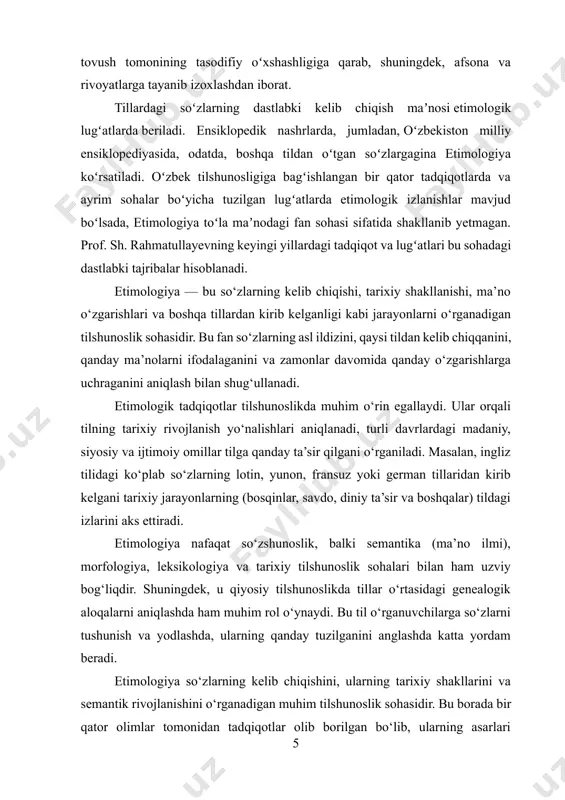, 2001.-b.75.] etimologiyaning tilshunoslikdagi o‘rni haqida a. i. smirnitskiy[footnoteref:4], a. v. superanskaya va boshqa rus olimlari tomonidan ham fundamental tadqiqotlar olib borilgan[footnoteref:5]. ular so‘zlarning ichki tuzilishini, morfemik tarkibini va semantik o‘zgarishlarini tahlil qilish orqali tilning tarixiy qatlamlarini ochib berganlar. [4: смирницкий, а. и. лексикология английского языка. москва: высшая школа, 1956.-c.59.] [5: суперанская, а. в. общая теория имени собственного. москва: наука, 1973.-c.67.] shuningdek, etimologiyaning lingvomadaniy jihatlari ham ko‘plab izlanishlarga sabab bo‘lgan. so‘zlarning kelib chiqishi orqali xalqning urf-odatlari, qadriyatlari va dunyoqarashi haqida ma’lumot olish mumkin. bu jihatdan etimologiya nafaqat tilshunoslik, balki madaniyatshunoslik, etnolingvistika va tarix bilan ham uzviy bog‘liqdir. 2.etimologik o‘rganishlarning lingvistik va madaniy ahamiyati so‘zlarning kelib chiqishi va tarixiy rivojlanishini o‘rganadigan etimologiya fani, tilni chuqur anglashda ham, madaniy boyliklarni tushunishda ham beqiyos ahamiyatga ega. etimologik tadqiqotlar orqali biz tilning qanday shakllangani, boshqa tillardan qanday so‘zlar o‘zlashtirilgani va tarixiy, ijtimoiy yoki texnologik o‘zgarishlarga qanday moslashgani haqida chuqur bilimga ega bo‘lamiz. lingvistik nuqtai …