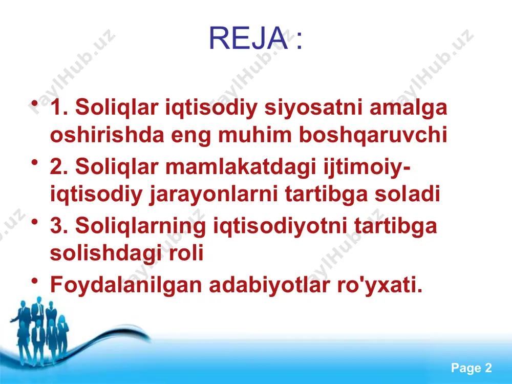 ruvchi omil bo`lib qoladi. avvalo, soliq tizimi o`ziga xos vazifani-fiskal (xazinani to`ldirish), qayta taqsimlash va rag`batlantirish vazifasini to`la darajada bajarishi kerak. yangi soliq siyosati doirasida soliq tushumlari tarkibini tubdan o`zgartirish, resurslar, mol-mulk solig`ining rolini oshirish, jismoniy shaxslardan soliq undirishning progressiv tizimini joriy etish vazifasi qo`yiladi”,-deb ta’kidlagan edi o`zbekiston respublikasi prezidenti i.a.karimov free powerpoint templates page ‹#› soliqlar davlat byudjetini to`ldirishdan tashqari mamlakatdagi ijtimoiy-iqtisodiy jarayonlarni tartibga solishda ham muhim rol o`ynaydi. qadim zamonlarda ham ijtimoiy-iqtisodiy munosabatlar va jarayonlarni tartibga solishda soliqlardan foydalanib kelingan, hatto davlatchilikning shakllanishida ham soliqlar ma’lum rol o`ynagan. chunki davlatchilikning shakllanishi mukammal, barqaror bo`lmagan ijtimoiy-iqtisodiy munosabatlarga tayangan. shuning uchun davlat paydo bo`lishining dastlabki bosqichlarida moliyaviy va iqtisodiy munosabatlarni jonlantirishda davlat hukmdorlari har xil soliq to`lovlaridan foydalanib, o`z oldilariga turgan muammolarni yechishga harakat qilishgan. free powerpoint templates page ‹#› soliqlar ob’yektiv taqsimlash munosabatlari orqali kengaytirilgan takror ishlab chiqarishning barcha bosqichlarida ishtirok etadi va ishlab chiqarish munosabatlarida o`z aksini topadi. …
