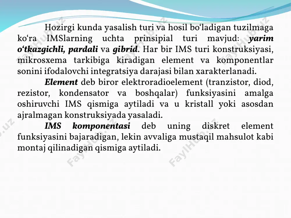 ollektorli tranzistor tuzilmasi ham, ket tuzilmasiga o‘xshash bo‘ladi, lekin integral – injeksion mantiq (i²m) deb ataluvchi injeksion manbali mantiqiy sxemalar yasashda qo‘llaniladi. diodlar. diodlar bitta p-n o‘tishga ega. lekin bipolyar tranzistorli imslarda asosiy tuzilma sifatida tranzistor tanlangan, shuning uchun diodlar tranzistorning diod ulanishi yordamida hosil qilinadi. bunday ulanishlarning beshta varianti mavjud. agar diod yasash uchun emitter – baza o‘tishdagi p-n o‘tish qo‘llanilsa, u holda kollektor – baza o‘tishdagi p-n o‘tish uziq bo‘lishi kerak. rezistorlar. bipolyar tranzistorli imslarda rezistor hosil qilish uchun bipolyar tranzistor tuzilmasining biror sohasi: emitter, kollektor yoki baza qo‘llaniladi. emitter sohalari asosida kichik qarshilikka ega bo‘lgan rezistorlar hosil qilinadi. baza qatlami asosida bajarilgan rezistorlarda ancha katta qarshiliklar olinadi. kondensatorlar. bipolyar tranzistorli imslarda teskari yo‘nalishda siljigan p–n o‘tishlar asosida yasalgan kondensatorlar qo‘llaniladi. kondensatorlarning shakllanishi yagona texnologik siklda tranzistor va rezistorlar tayyorlash bilan bir vaqtning o‘zida amalga oshiriladi. demak ularni yasash uchun qo‘shimcha texnologik amallar talab qilinmaydi. mdya – tranzistorlar. …