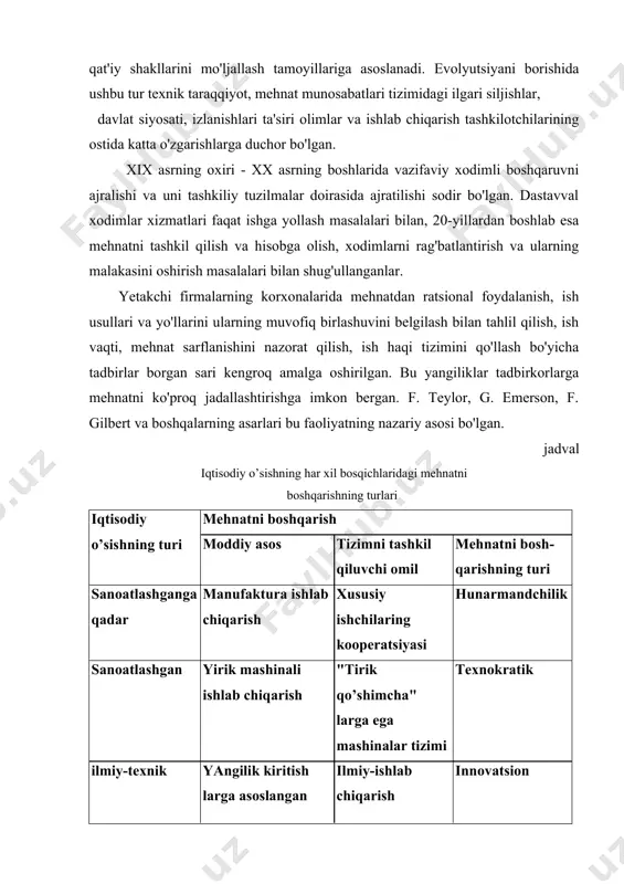 sullarni ishlab chiqqanki, ularga ko'ra ishning har bir turi, har bir operatsiya uchun xronometraj va ishchining harakatlarini sinchiklab o'rganish yordamida berilgan ishni bajarishning yagona, eng ratsional usuli belgilangan. barcha xatolar, befoyda harakatlar bartaraf qilingan, eng mukammallari tanlab olingan. mashhur fransuz fizigi le shatelening so'zlariga ko'ra, bu sanoatda mehnatni tashkil qilishga nisbatan qo'llanilgan matematikadan iborat bo'lgan. yuqori unumdor mehnatga nisbatan iqtisodiy majbur qilishdan foyd alanilgan: · ishbay ish haqining alohida tizimi (me'yorni bajargan va oshirib bajarganlar uchun oshirilgan tarif stavkalari va baholashlar; bajar-maganlar uchun - stavkalarni 20-30% ga pasaytirilishi, jarimalar); · vazifalarni bajarilishi va oshirib bajarilishiga ko'proq darajada yordam beruvchi sharoitlarni yaratish: batavsil yo'l-yo'riq ko'rsatish, mehnatni mayda-chuyda tafsilotlarigacha rejalashtirish, maxsus qurollar bilan ta'minlash, hisob, nazorat. f.teylor tizimidan foydalangan korxonalarda o'rtacha mehnat unumdorligi uch yil ichida ikki marta o'sgan. birinchi o'ttiz yil ichida bu tizim yetarlicha keng tarqalgan, deyarli barcha yuqori rivojlangan mamlakatlarning kompaniyalari undan foydalanganlar. f.teylor o'zining tizimini ishlab chiqarishning muvaffaqiyati …
