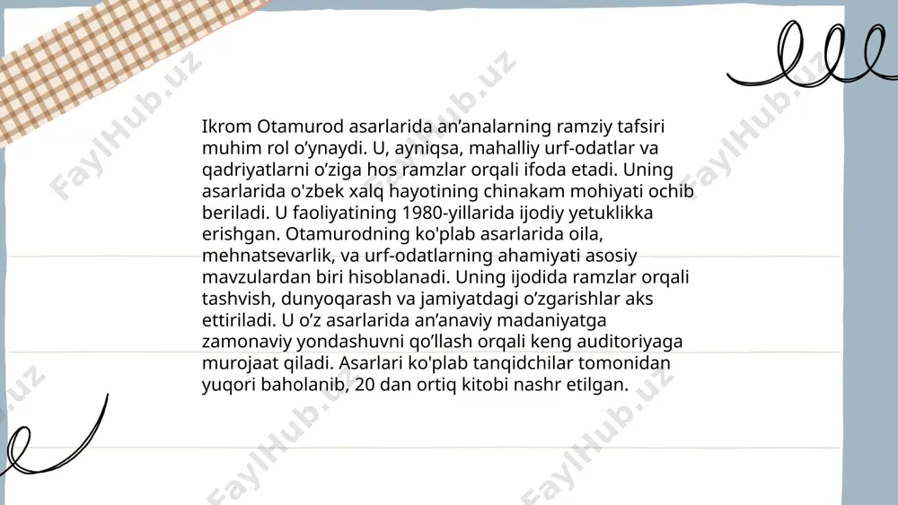 d logolari kabi zamonaviy ramzlar tez tanib olinadi. o'tmishda yozuv va naqshlarda ko'ringan ramzlar hozirgi davrda vizual kommunikatsiyada hamda dizaynda o'z aksini topmoqda. shunday qilib, ramzlar davrlar davomida o'zgarib boruvchi, lekin har doim xalq hayotida muhim rol o'ynagan vositadir. ... t.me/slaydai_bot ranglar qadimiy dostonlarda chuqur ramziy ma'noga ega bo‘lib, turli xil hissiyot va mazmunlarni ifodalaydi. masalan, qora rang ko‘pincha qayg‘u, o‘lim yoki sirli kuchlar bilan bog‘liq; oq rang esa poklik, sof ruhiy holat yoki ilohiy yorug‘likni anglatadi. qizil rang jasorat, sevgi va qon kechalarini ifodalaydi; yashil rang esa hayot va yangilanishni bildiradi. moviy osmon va cheksizlikni, tinchlik va barqarorlikni aks ettiradi. sariq esa quyosh nurlari, boylik va baxt ramzi sifatida qo‘llaniladi. har bir rang dostonlarda muhim ramz sifatida ishlatilib, qahramonlar va voqealar orqali chuqurroq ma’nolarni ochib beradi. ... t.me/slaydai_bot ikrom otamurodning dostonlari mavhumlik va ramzlar bilan boyitilgan bo'lib, ularning har biri o'ziga xos ma'noga ega. uning asarlarida milliy va ma'naviy …