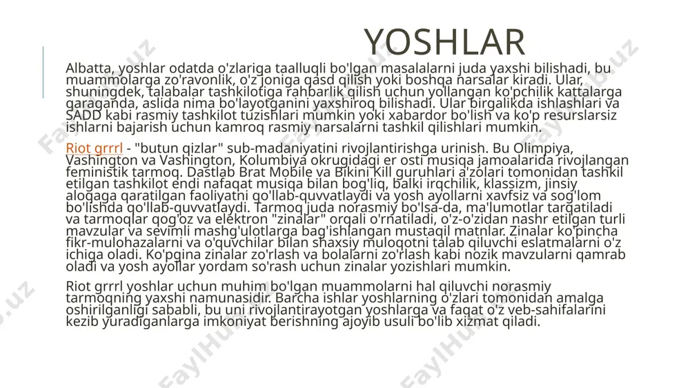 vfli harakatlarda (masalan, tayyor bo'lgunga qadar jinsiy faol bo'lish) kamroq qatnashadilar. tashkilotlarga jalb qilingan yoshlar mehnat ko'nikmalarini, jumladan tashkilotchilik, yig'ilishlarni o'tkazish qobiliyatini va turli xil odamlar bilan ishlash tajribasini rivojlantirishi mumkin. yoshlar guruh a’zosi bo‘lish orqali o‘rganadigan bu ko‘nikmalar ularga o‘zlari tanlashi mumkin bo‘lgan har qanday ishga yaxshiroq tayyorlanishlariga yordam beradi. ko'pincha, tashkilotlar yoshlarga "xavfsiz joy" beradi, ular boshqacha bo'lmaganda - ular san'at va faoliyat orqali o'zlarini ifoda etishlari yoki tengdoshlari va g'amxo'r kattalar bilan ochiq gaplasha olishlari mumkin bo'lgan joy. yoshlar tashkilotlari yetakchilik uchun imkoniyatlarni taklif etadi, bu esa yoshlar boshqa yo'l bilan topa olmasligi mumkin. jamiyat uchun afzalliklari: yoshlar tashkilotlari yoshlar haqidagi jamoatchilik fikrini “muammo”dan jamiyat hayotini yaxshilashning muhim qismiga aylantirishga yordam berishi mumkin. yoshlarni jamiyatga jalb qilish ularga o‘zini butunning bir qismi sifatida ko‘rishga yordam beradi; ular haqiqatan ham muammolarni keltirib chiqarish ehtimoli kamroq bo'ladi va echimlarni izlashni xohlaydi. jamiyat yoshlarni jalb qilish orqali ularning yetakchilik salohiyatini …