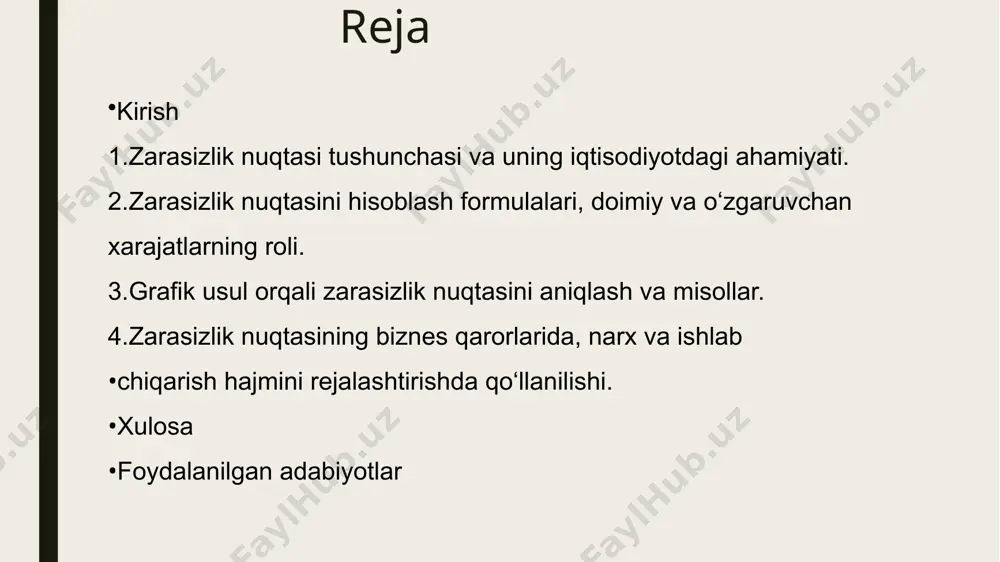 xarajatlari teng bo‘ladi. matematik ifodasi: doimiy xarajatlar – ishlab chiqarish hajmiga bog‘liq bo‘lmagan xarajatlar (ijara, ish haqi, sug‘urta). o‘zgaruvchan xarajatlar – ishlab chiqarish hajmiga bog‘liq xarajatlar (xomashyo, energiya, transport). sotish narxi – mahsulotning bir birlikka sotilish narxi. zarasizlik nuqtasi aniqlanishi orqali korxona qancha mahsulot ishlab chiqarishi yoki qancha xizmat ko‘rsatishi kerakligini biladi, shunda zarar yo‘q bo‘ladi. iqtisodiyotdagi ahamiyati moliyaviy rejalashtirish zarasizlik nuqtasi korxona egalariga va menejerlarga daromad va xarajatlarni tahlil qilish imkonini beradi. qancha mahsulot sotilishi kerakligini aniqlab, ishlab chiqarish hajmini rejalashtirishga yordam beradi. xatarlarni baholash korxona yangi loyiha yoki investitsiya oldidan zarar yoki foyda ehtimolini hisoblay oladi. bozor sharoitida zarar ko‘rish xavfini kamaytiradi. narx siyosatini belgilash zarasizlik nuqtasi mahsulotning minimal sotish narxini aniqlashda qo‘llaniladi. shu orqali mahsulotni sotishdan foyda olishni rejalashtirish mumkin. resurslardan samarali foydalanish korxona qaysi resurslar samarali ishlatilayotganini ko‘radi. ortiqcha ishlab chiqarish xarajatlarini kamaytiradi. strategik qarorlar qabul qilish zarasizlik nuqtasi asosida yangi mahsulot ishlab chiqarish, narx o‘zgarishi …