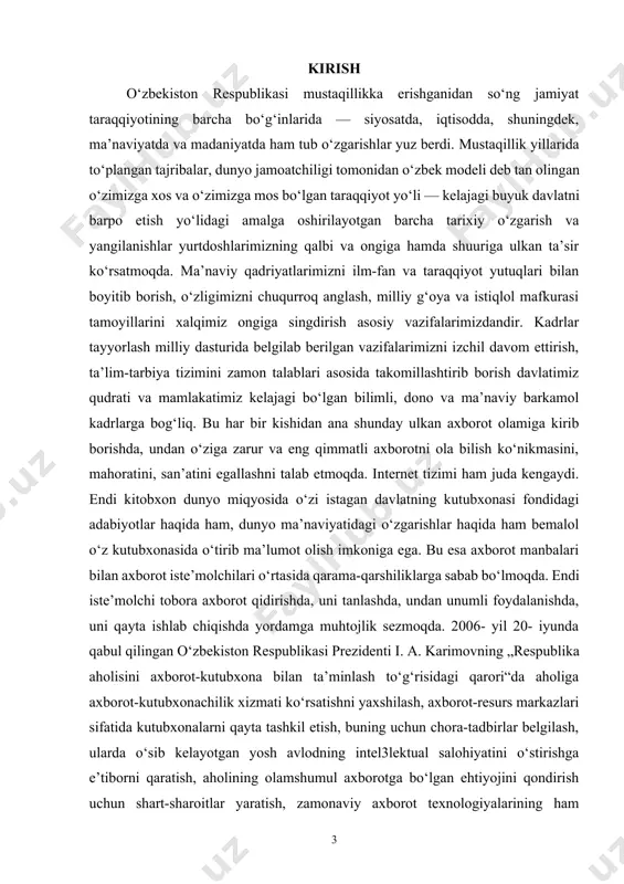 di. òalaba o‘zini o‘zi muntazam tekshirib borish, nazorat qilish imkoniga ega bo‘ladi. mazkur o‘quv qo‘llanma birmuncha murakkab, ammo juda qiziqarli bo‘lib, kutubxona ish faoliyatida foydali bo‘lgan bibliografik va axborot jarayonlarini o‘rganishda sizga yordam beradi. chunki barcha mutaxassislikka oid fanlar bu fan bilan bog‘liq holda o‘rganiladi, kutubxona ish jarayonlarining barcha sohalarida ana shu fan yordamida olingan bilim zarur bo‘ladi, kitobxonlarga o‘ziga mos axborotni topish va yetkazib berish, o‘z vaqtida axborot berish ham shu fan yordamida o‘rganiladi. bibliografiya predmeti o‘quvchilarni kitobni bilish, uning sirlarini anglash, axborot tanlash, uni kitobxonga yetkazib berish ilmi bilan qurollantiradi. bibliografiya milliy g‘oyaning asosiy tushuncha va tamoyillarini targ‘ib etishda, prezident i. a. karimov asarlaridan, ko‘rsatma va farmonlaridan foydalangan holda o‘quvchilarga amaliyotda bibliografik sharhlashni, adabiyotlarning turli xil ro‘yxatlarini tuzishni, ko‘rsatkich va bibliografik qo‘llanmalarni tuzish metodikasini, kerakli ma’lumotlarni qayerdan, qaysi 4yo‘l bilan, qaysi vositalar yordamida olish kerakligini, kutubxonada kartotekalar tuzish, kitobni targ‘ib qilish metodikasini o‘rgatadi. bibliografiya kursi 3 yil davomida …