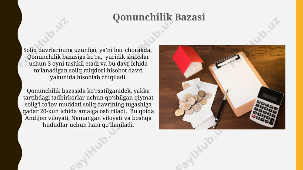 toshkent shahridagi avtomobil sotuvi bo'yicha 20% qqs stavkasini qo'llash, qishloq xo'jaligi mahsulotlari uchun esa 10% stavka belgilangan. xorazm viloyatida ta'lim xizmatlari uchun qo'llaniladigan qqs stavkasining 0% ekanligi, sog'liqni saqlash xizmatlari uchun esa 15% ekanligi kuzatiladi. soliqdan ozod qilingan tovarlar va xizmatlar qoraqalpog‘iston respublikasida ham, boshqa viloyatlarda ham, xalqaro tashkilotlar tomonidan amalga oshirilayotgan 5 dan ortiq loyihalar doirasida taqdim etilayotgan ayrim gumanitar yordam tovarlari va xizmatlari qo‘shilgan qiymat solig‘idan ozod qilinadi. andijon viloyatida 2023-yil yanvar holatiga ko‘ra, 10 dan ortiq turdagi eksportga yo‘naltirilgan mahsulotlar va xizmatlar bo‘yicha qo‘shilgan qiymat solig‘i to‘liq yoki qisman qaytarilishi mumkin, bu esa eksportyorlar uchun qo‘shimcha imkoniyatlar yaratadi. soliq davrining ta'rifi soliq davri, masalan, o'zbekistonda, yakka tartibdagi tadbirkorlar uchun har chorakda, ya'ni 3 oyda bir marta, 31-mart, 30-iyun, 30-sentabr va 31-dekabr kunlarida hisobot topshirishni nazarda tutadi. soliq kodeksining 25-moddasiga asosan, soliq davri boshlanish va tugash sanalari davlat tomonidan aniq belgilanadi va soliq to'lovchilar 2024 yil uchun tegishli …