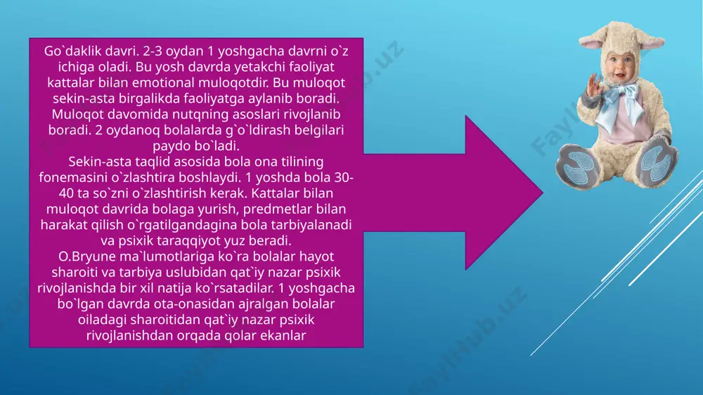 igan reaktsiyalar mavjud bo'lib, ular bolaga biror narsa rad etilganda (qichqiradi, erga yiqiladi, kattalarni itarib yuboradi va hokazo) namoyon bo'ladi. go'daklik davrida "... avtonom nutq, amaliy harakatlar, negativizm, injiqlik orqali bola o'zini kattalardan ajratib turadi va o'z-o'zidan turib oladi". shaxsiy inqirozning paydo bo'lishining kelib chiqishini va uning yoshga bog'liq dinamikasini tushunish muammosi ko'plab mualliflar tomonidan o'rganilgan. erik erikson, ego - shaxs nazariyasini yaratuvchisi, shaxsning psixososyal rivojlanishining 8 bosqichini aniqladi. u ularning har biri bilan birga bo'lishiga ishondi " inqiroz - bu bosqichda shaxsning psixologik etukligi va ijtimoiy talablarining ma'lum darajasiga erishish natijasida yuzaga keladigan shaxs hayotidagi burilish nuqtasi.". har qanday psixologik inqiroz ham ijobiy, ham salbiy oqibatlarga olib keladi. agar konflikt hal etilsa, u holda shaxs yangi, ijobiy fazilatlar bilan boyib boradi, agar hal etilmasa, ruhiy va xulq-atvor buzilishlarining rivojlanishiga olib kelishi mumkin bo'lgan alomatlar va muammolar paydo bo'ladi (e.n. erikson) yoshning ulg'ayib borishi, psixik jarayonlarning inson rivojlanishidagi qonuniyatlari, undagi …