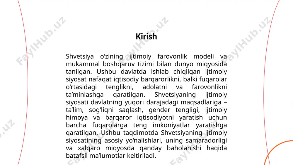 at hisobidan amalga oshiriladi. yillik davlat budjetidan ijtimoiy xizmatlarga katta mablag‘lar ajratilib, aholi farovonligini oshirishga yo‘naltirilgan chora-tadbirlar ko‘riladi. ... t.me/slaydai_bot xulosa shvetsiya ijtimoiy siyosati inson huquqlari va fuqarolar farovonligini ta’minlashga asoslangan. davlatning bepul ta’lim va sog‘liqni saqlash tizimi, ijtimoiy ta’minot dasturlari, shuningdek, gender tengligi siyosati shvetsiyani dunyoning eng rivojlangan davlatlari qatoriga olib chiqdi. yuqori soliqlarga asoslangan iqtisodiy model ijtimoiy xizmatlarning sifatini oshirishga imkon berdi. shvetsiya tajribasi boshqa davlatlar uchun barqaror va adolatli jamiyatni qurishda muhim namuna bo‘la oladi. ... t.me/slaydai_bot foydalanilgan adabiyotlar 1. shvetsiya hukumati rasmiy veb-sayti – www.sweden.se 2. oecd hisobotlari – shvetsiyaning ijtimoiy siyosati va farovonlik tizimi bo‘yicha xalqaro tahlil. 3. world economic forum – gender tengligi va iqtisodiy adolat bo‘yicha hisobotlar (2024). 4. bmt ijtimoiy rivojlanish hisobotlari – shvetsiya haqida ijtimoiy tahlillar va rivojlanish dasturlari. 5. "the nordic model: the swedish path to prosperity" – shvetsiyaning farovonlik modeli haqida ilmiy maqola. shvetsiyani ijtimoiy siyosati boynazarova umida e'tiboringiz …