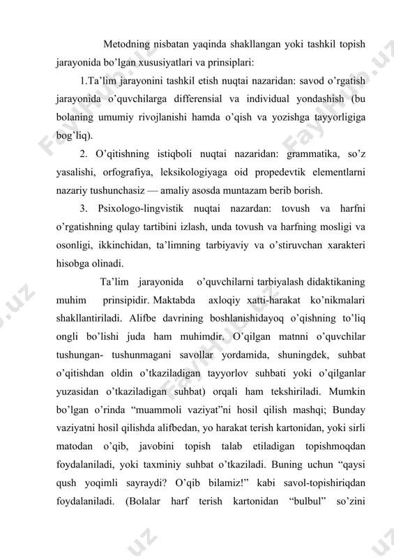 hning ongli bo’lishini ham ta’minlaydi. ikkinchi b o c q i ch d a yuqoridagi vazifalarning o’zi qoladi, ammo sifati o’zgaradi. tovush va harakatning analiz va sintezida: birinchi bosqichdagilarga nisbatan artikulyatsiyasi qiyin bo’lgan q, p, v kabi tovush-lar, tong, so’ng, rang, si-ngil singari so’zlarda keladigan ikki harakat bilan ifodalanadigan jarangli ng tovushi o’rganiladi, shuning uchun tovushlarning artikulyatsiyasi ustidagi ishlar qiyinlashadi. o’rganiladigan tovushlarning xususiyatiga qarab, bu bosqichda bo’g’inlab o’qish vazifasi murakkablashadi; undosh unli undosh undoshdan (do’st, rasm, yo’l-bars, qo’rq), undosh undosh unliundoshdan (stol, stul, kran, trak-tor) ibopat yangi tip bo’g’inlar o’qitiladi. bu bosqichda ham ongli o’qish ustida ishlash davom ettiriladi, differensial yondashish amalga oshiriladi, yozuv malakasi o’stiriladi. u ch i n ch i b o s q i ch d a o’zbek tilidagi qiyin tovush va harflar (bir bir harf bilan ifodalanadigan juda, jura kabi so’zlardagi portlovchi j tovushi va jurnal, jirafa kabi so’zlardagi sirg’aluvchi j tovushi, yo, ya, yu harakatlari, …