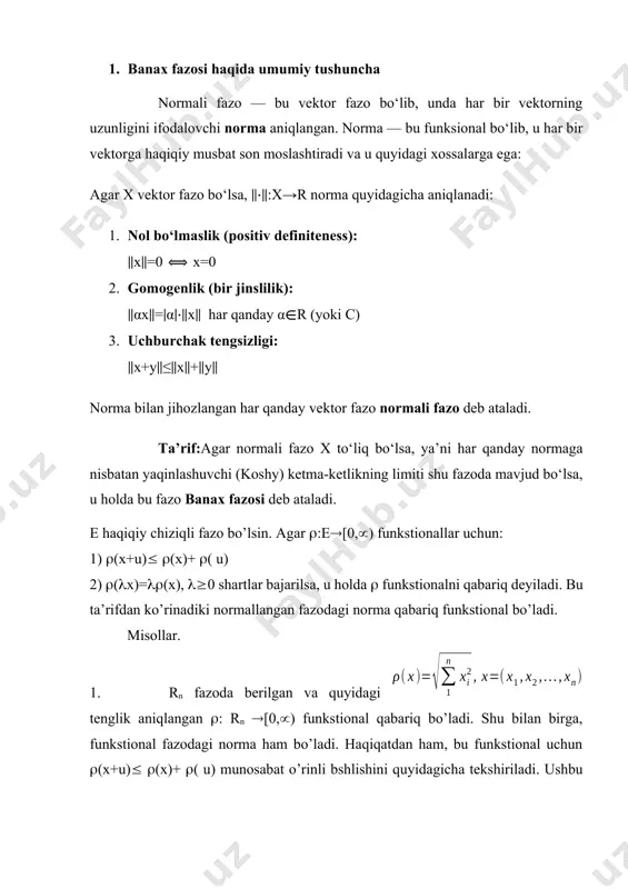 4) tengsizlikdan s1s2 tenglikni hosil qilamiz. s sonini shunday tanlaymizki s1ss2 bajarilsin. u holda e da aniqlangan va f(az+x)=s+ f0(x) tenglik bilan aniqlangan f funkstional uchun (1) shart bajariladi. demak , f funkstional e da aniqlangan va ee0 munosabat o’rinli hamda e0 qism fazoning ixtiyoriy elementi x uchun f(x)=f0(x) tenglik o’rinli. shuning uchun f funkstional f0 ning e ga davomi deb qarash mumkin. shu bilan birga bu funkstional uchun (1) tengsizlik bajariladi. agar e fazo x1, x2,... sistema e0 ga kirmagan elementlar bo’lsa, u holda f0 funkstionalning davomi dastlab e1={e0,x1} fazoda quramiz. so’ngra hosil bo’lgan funkstionalning davomi e2={e1,x2} fazoda quramiz va hokazo. bu erda ei fazo ei-1 va xi elementni o’z ichiga oluvchi eng kichik qism fazodir. har qanday xe element qandaydir ek ga tegishli bo’ladi. demak, f0 funkstionalni e0 qism fazodan butun e fazoga (1) shartni saqlagan holda davom ettirish mumkin. agar e fazoda sanoqli to’la sistema mavjud bo’lmasa …
