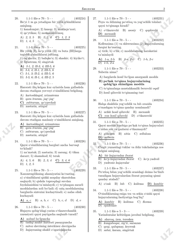iyaning hayotiy shaklini ko‘rsating. a) o‘t b) daraxt c) buta d) chala buta 12. 1.1-1 file-» 74 - 2 - - (305194) qaysi o‘simliklarda ildiz bo‘lmaydi? a) yo‘sinlar b) sershox qirqbo‘g‘im c) dala qirqbo‘g‘imi d) qirqquloq 13. 1.1-1 file-» 70 - 5 - - (403217) yovvoyi yem-xashak o‘simliklarni aniqlang. a) sebarga, shuvoq b) rovoch, chakanda c) zubturum, sallagul d) xolmon, do‘lana 14. 1.1-1 file-» 70 - 5 - - (403218) dorivor o‘simlikni belgilang. a) shirach b) chakanda c) sallagul d) yasmiq 15. 1.1-1 file-» 70 - 5 - - (403219) chorva mollari uchun to‘yimli ozuqa hisoblanadigan o‘simliklar guruhini aniqlang. 1) saksovul; 2) javdar; 3) izen; 4) keyreuk; 5) chakanda; 6) do‘lana; 7) yantoq a) 3, 4, 7 b) 2, 3, 4, 5, 6 c) 1, 2, 3, 4, 7 d) 1, 2, 5, 6 16. 1.1-1 file-» 70 - 5 - - (403220) ”drozera” o‘simligiga xos xususiyatni aniqlang. a) hasharotxo‘r …
