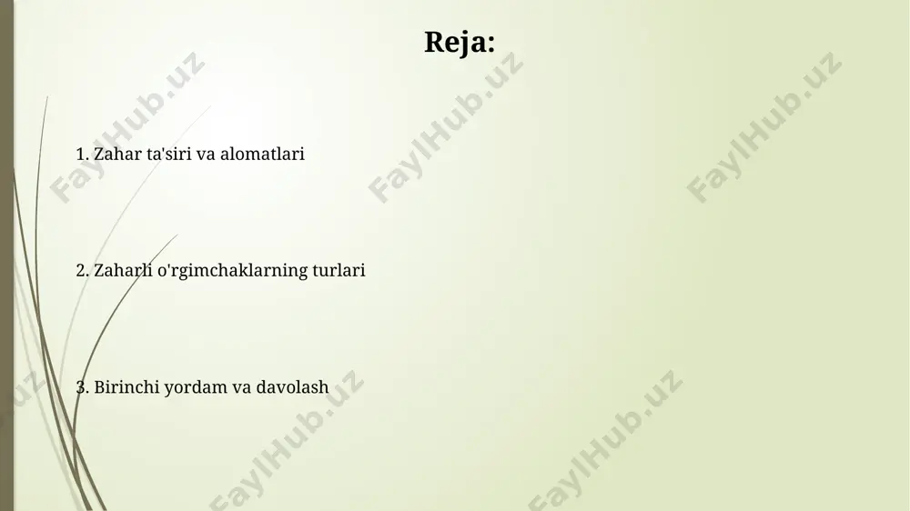 i mumkin. zaharli o'rgimchak turlarining 40% dan ortig'i tropik va subtropik mintaqalarda, ya'ni issiq va nam iqlim sharoitida tarqalgan. zaharli o'rgimchaklarning turlari qizil orqa qora o'rgimchak (latrodectus hasselti) kabi ba'zi turlar juda kuchli neyrotoksinlar ishlab chiqaradi, ular insonlarda og'ir alomatlarga, hatto o'limga ham olib kelishi mumkin. zaharli o'rgimchaklarning 600 dan ortiq turi mavjud bo'lib, ularning aksariyati tropik va subtropik hududlarda, ayniqsa avstraliya va janubiy amerikada tarqalgan. davolash usullari davolashning birinchi bosqichi shikastlangan joyni 10-15 daqiqa davomida sovun va suv bilan yuvishdan iborat bo'lib, bu zaharni yuvilishiga yordam beradi. keyinchalik, tibbiy yordamga murojaat qilish kerak. og'ir zaharlanish holatlarida, qon bosimini va nafas olishni nazorat qilish uchun kasalxonada kuzatish va intensiv terapiya talab qilinishi mumkin. bu jarayon 24-72 soat davom etishi mumkin. e'tiboringiz uchun rahmat @taqdimot_robot image1.jpg image2.jpg image3.jpg image4.jpg image5.jpg image6.jpg image7.jpg