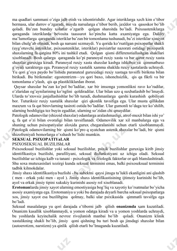 dan ko’pro q xavfsirash va qo’r qishga moyil bo’ladilar. asteniklar uchun eng yomoni bu ko’pchilikning oldiga chi qishdir. asteniklarga xos narsa ta’sirchanlik bo’lib, bu turg’un emas, ya’ni ko’p davom etmaydi. ta’sirchailik ҳolsizlikka olib keladi va o’z-o’zini koyish va o’z-o’zini ayblash bilan kechadi. asteniklar ko’pincha asab charchashiga moyil, asteniklar o’zlari o’rgangan ҳayot sharoitlarini sa qlashga o’rinadilar va shu sharoitdagina biron ish qilishi, biron narsa bilan sermaҳsul shug’ullanishi mumkin. o’z sharoitini o’zgartirishni yo qtirmaydilar va ya qinlaridan shuni talab qiladilar. psixoasteniklar asteniklar bilan ko’p umumiy tomonlarga ega va ularni bir-biridan far q qilish ancha mushkul. psixoasteniklar uchun ta’sirchanlik, qaysarli q o’z-o’zini baҳolashning pasayishi belgilari bilan birga o’ziga xos xususiyatlarga ega. jane psixoasteniklar ҳa qida «ikkilanish» va «donishmandlik»ni ularning tavsifli belgilari deb yozgan. psixoastenik ҳamma joyda va ҳamma va qt ikkilanadi, «to’g’ri ish qildimmi?», «to’g’ri qaror qabul qildimmi?» yoki «noto’g’rimi?», «a qlli javob qildimmi?» va bosh qalar. psixoasteniklar uchun eng oson ishlarda ҳam …