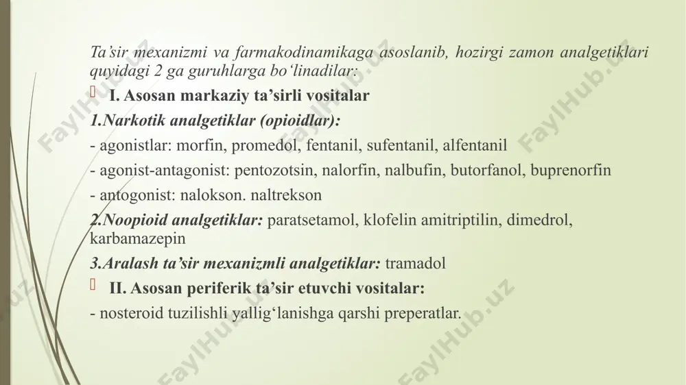 lik susaytirmaydi, bronxospazm chaqirmaydi, peshob yo‘llarini bo‘shashtiradi, lekin mitdan yaxshi so‘riladi, uning sfinkterlarini tonusini oshiradi. bachadonni qisqarishini kuchaytiradi. sufentanil va alfentanil ikkala preparat, fentanilga o‘xshash bo‘lsa ham ta’siri tezrok boshlanadi va kamroq davom etadi. jumladan fentanilning t½=3,6, sufentanilning t½=2,7 va alfentanil t½= 1,3soat. to‘liq bo‘lmagan agonistlar (agonist - antogonistlar). bu guruhga ta’siri aralash bo‘lgan dorilar kiradi. ular opiat retseptorlari qismlari bilan turlicha bog‘lanadilar, shu sababli ba’zi ta’sirlari bo‘yicha agonistlik effektlar, ba’zi ta’sirlari bo‘yicha antogonistik effektlarni yuzaga keltiradilar. pentazotsin- sintetik preparat. og‘riqsizlantirish kuchi morfinnikidan past, lekin unga nisbatan nafasni kamroq susaytiradi, kamroq qabziyat va peshob ajralishini buzadi, qon bosimini oshiradi, taxikardiya chaqiradi. mitdan yaxshi so‘riladi. mahalliy yallig‘lanish qo‘zg‘atadi. narkomanlarga kiritilsa, abstinensiya sindromini rivojlantiradi. pentazotsinni davomli qo‘llaganda, unga tobelik rivojlanish havfi past, lekin o‘rgangan bemorga kiritilmasa, abstinetsiya sindromi rivojlanadi. morfin ishlatiladigan holatlarda qo‘llaniladi. nalorfin-kimyoviy tuzilishi bo‘yicha morfinga o‘xshaydi. og‘riq qoldirish ta’siriga ega, bunday ta’siri morfinnikidan kuchsizroq, lekin analgetik sifatida qo‘llanmaydi, chunki shaytonlash …