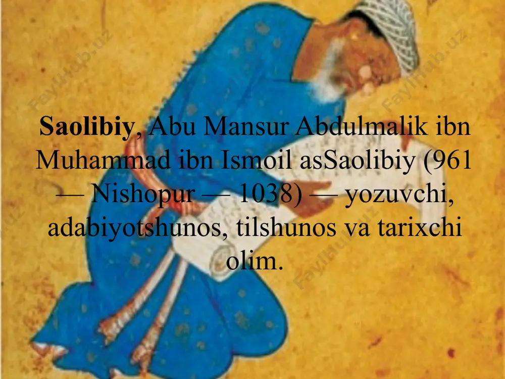 an. saolibiyning koʻplab asarlari ismatulla abdullayev tomonidan oʻzbek tiliga tarjima qilingan. 9 savollar: 1.saolibiy qachon va qayerda tug’ilgan? 2.qaysi xorazmshoh saroyida xizmat qilgan? 3.yatimat ud dahr asari qachon yozilgan? 4.saolibiyning yana qanda asarlarini bilasiz? 5.saolibiyning ko’plab asarlari kim tomonidan tarjima qilingan? 10 audio1.bin image1.jpeg image2.png image3.jpeg image4.jpeg image5.jpeg image6.jpeg image7.jpeg image8.jpeg