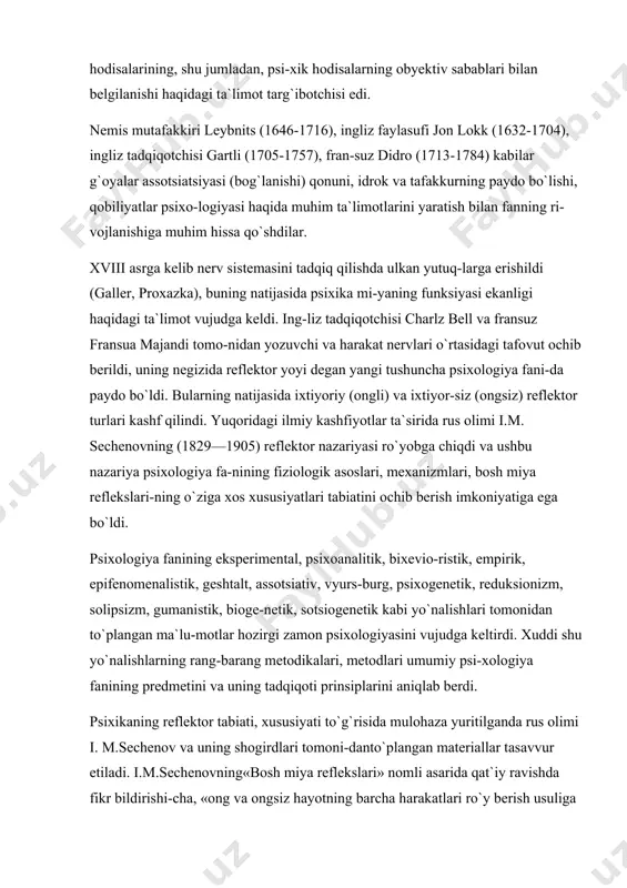 harakati tanasiz ruhning xususiyatiga emas, balki tadqiqotchining mulohazasiga qaraganda, ro`y berish, vujudga kelish usuliga, tuzilishiga binoan refleksga o`xshash xislatga ega bo`lgan jarayondir. shun-dan kelib chiqqan holda fikr yanada rivojlantirilsa, psixik (ru-hiy) hodisa insonning shaxsiy goyalarini, hissiy kechinmalarini, sezgi va idrok jarayonlarini o`zi kuzatish jarayonida aks etuvchi vo-qelikdangina iborat emas. balki u refleks singari tashqi qo`zg`atuv-chilarningta`sirini va unga javoban bildiriladigan harakat reak-siyasini ham o`zida mujassamlashtiradi. ma`lumki, i.m. sechenov-gacha bo`lgan psixologik, fiziologik nazariyalarda insonning ongida obrazlar, tasavvurlar, mulohazalar, g`oyalar tarzida in`ikos (aks) et-tiriluvchi hodisalarni psixologiya fanining predmeti sifatidatan olinar edi. lekin bu psixologik voqelik sechenov tomonidan orga-nizmning muhit bilan o`zaro ta`sir harakatining alohida shaklidan iborat ekanligi, psixologik yaxlit jarayonning ayrim holatlari, uning lahzalari tariqasi gushuntirildi. psixologiyada tan olib ke-linayotgan psixik jarayonlar ongning ichida tugiladi va uning ichida yakunlanadi, degan g`oya i. m. sechenov tomonidan inkor qilinadi, asossiz da`vo ekanligi ta`kidlanadi. i.m. sechenovningfikricha, psixik hodisa bus-butun (yaxlit) ref-lektor harakat tufayli yuzaga keluvchi va …