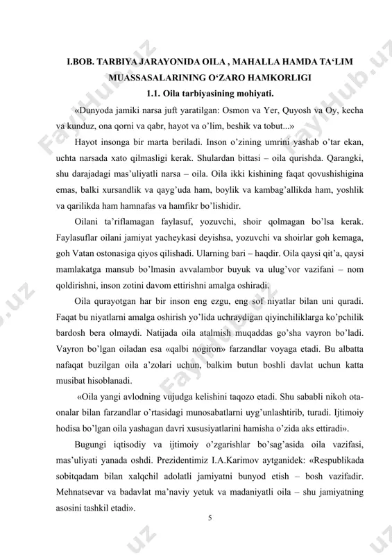 bo’lgan oiladan esa «qalbi nogiron» farzandlar voyaga etadi. bu albatta nafaqat buzilgan oila a’zolari uchun, balkim butun boshli davlat uchun katta musibat hisoblanadi. «oila yangi avlodning vujudga kelishini taqozo etadi. shu sababli nikoh ota-onalar bilan farzandlar o’rtasidagi munosabatlarni uyg’unlashtirib, turadi. ijtimoiy hodisa bo’lgan oila yashagan davri xususiyatlarini hamisha o’zida aks ettiradi». bugungi iqtisodiy va ijtimoiy o’zgarishlar bo’sag’asida oila vazifasi, mas’uliyati yanada oshdi. prezidentimiz i.a.karimov aytganidek: «respublikada sobitqadam bilan xalqchil adolatli jamiyatni bunyod etish – bosh vazifadir. mehnatsevar va badavlat ma’naviy yetuk va madaniyatli oila – shu jamiyatning asosini tashkil etadi». hozirgi kunda maktablarda oilaviy hayot etikasi va psixologiyasi fani o’tilmoqda. bu fanda albatta oila va nikoh, yoshlar ma’naviy dunyosining go’zalligi, farzand, oilaviy munosabatlar to’g’risida ko’p ibratli ta’lim berilgan. pedagoglar dars jarayonida, darsdan tashqari tarbiyaviy tadbirlarda ham muntazam ravishda o’quvchilarni oilaviy hayotga tayyorlashga e’tiborlarini qaratishadi, biroq bu harakat bir tomonlama bo’lib yetarli natija bermaydi. chunki doim ham o’qituvchilarning dunyoqarashi o’quvchi ota-onasining …