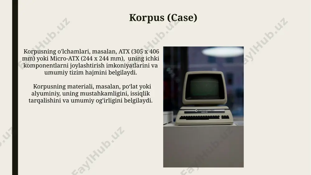 bios/uefi uefi, biosning zamonaviyroq avlodi boʻlib, 64-bitli protsessorlarni qoʻllab-quvvatlaydi va gpt (guid partition table) kabi yangi texnologiyalarni integratsiya qiladi, bu esa katta hajmdagi qattiq disklarni boshqarish imkonini beradi. bios/uefi, kompyuterning asosiy platasida joylashgan boʻlib, 16-bit yoki 32-bitli kodlarni oʻz ichiga oladi va kompyuterning dastlabki yuklanish jarayonini boshqaradi. optika disk yuritgichi (optical drive) optik disk yuritgichlar sata yoki ide interfeysi orqali ona plataga ulanadi va ularning ishlash tezligi diskning turini va yuritgichning o'ziga xos xususiyatlariga bog'liq bo'ladi. optik disk yuritgichlar ma'lumotlarni cd, dvd va blu-ray disklariga yozish va o'qish uchun ishlatiladi, ularning o'qish tezligi 24x dan 52x gacha va undan yuqori bo'lishi mumkin. tarmoq kartochasi (network card) ba'zi tarmoq kartalari wi-fi yoki bluetooth kabi simsiz aloqa texnologiyalarini qo'llab-quvvatlaydi, bu esa simsiz tarmoqlarga ulanish imkonini beradi va 2.4 ghz yoki 5 ghz chastotalarda ishlaydi. tarmoq kartasi pci express (pcie) yoki usb kabi turli xil interfeyslar orqali ona plataga ulanishi mumkin, bu esa …