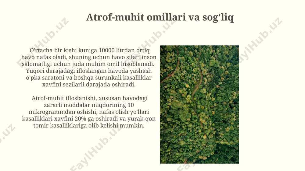arzi va atrof-muhit muhofazasi tabiatda kamida 30 daqiqa vaqt o'tkazish, stress gormonlari darajasini 25% ga pasaytiradi va immunitet tizimini mustahkamlaydi, atrof-muhitning foydali ta'sirini ko'rsatadi. sog'lom turmush tarzini yaxshilash, havoni 20% ga tozalashga yordam beradi, bu esa nafas olish kasalliklari xavfini kamaytiradi va umr ko'rish davomiyligini 5-7 yilga uzaytiradi. kelajakdagi istiqbollar va ekologik onglilik kelajakda ekologik onglilikni oshirish uchun 2030-yilgacha global issiqxona gazlari emissiyasini 45% ga kamaytirish bo'yicha xalqaro kelishuvlarning amalga oshirilishi muhim ahamiyat kasb etadi. sog'lom hayot tarzini targ'ib qilish va 10 yil ichida atrof-muhitga do'stona texnologiyalarni qo'llash orqali tabiiy resurslardan oqilona foydalanishni ta'minlash ekologik onglilikning yuksalishiga olib keladi. havoning ifloslanishi va nafas olish tizimi kasalliklari atrof-muhit ifloslanishi o'pka saratoni xavfini 20% ga oshirishi mumkin, bu esa nafas olish tizimi kasalliklarining asosiy sabablaridan biri hisoblanadi. shahar atrof-muhitining ifloslanishi, ayniqsa, azot oksidlari va oltingugurt dioksidi kabi gazlar, nafas yo'llarining yallig'lanishiga va allergik reaksiyalarga olib kelishi mumkin. e'tiboringiz uchun rahmat @taqdimot_robot image2.jpg …
