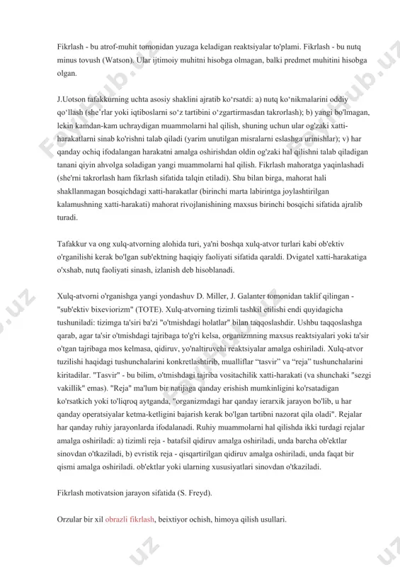 akat qildi. fikrlash vaziyatlarni qayta qurish akti sifatida (gestalt). m. vertgeymer, v. kyoler, k. koffka, k. dunker vakillari - asrimiz boshida germaniyada paydo bo'lgan psixologiya fanining yo'nalishi va assotsiatsionizmni ham tanqid qildilar. markaziy pozitsiya: har qanday aqliy jarayonning asosiy va asosiy mazmuni alohida elementlar - sezgilar emas, balki ba'zi integral shakllanishlar - konfiguratsiyalar, shakllar yoki "gestaltlar" dir. o'tmish tajribasi, shuningdek, echishda ishlatiladigan ob'ektlarning "funktsional qat'iyligi" bilan bog'liq bo'lgan yangi muammoni hal qilishda inhibitiv ta'sir ko'rsatishi mumkin. ushbu maktabning ba'zi psixologlari o'tgan tajribaning ta'siri bilan bog'langan "yo'nalish" atamasini ishlatishdi. xuddi shu muammoni hal qilish sifat jihatidan har xil bosqichlardan iborat - yechimning printsipini, asosiy g'oyasini topish bosqichi va uni tekshirish yoki amalga oshirish bosqichi (muammoning "funktsional" va "yakuniy" yechimi. dunkerga). funktsional rivojlanish nafaqat jarayonning sifat jihatidan heterojen fazalardan iboratligida, balki vaziyatning bir xil elementlarining mavzu bo'yicha sub'ekt uchun turli xil ma'nolarga ega bo'lishida ham ifodalanadi. turli bosqichlar muammoni hal qilish. xulq-atvor …