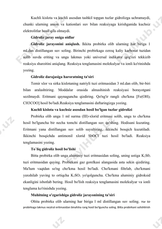 o’zgarishini kuzating. reaksiyaning molekulyar va ionli tenglamasini yozing. nitrat kislotaning oksidlash xossasi. probirkaga kichik mis bo’lagi va konsentrlangan nitrat kislotani ikki marta suyultirib tayyorlangan kislotadan 5-6 tomchi soling. gaz ajralishi va eritma ranginning o’zgarishini kuzating. reaksiya ajralishi va eritma rangining o’zgarishini kuzating. reaksiya tenglamasini molekulyar va ionli ko’rinishda yozing. oksidlovchi va qaytaruvchilarni ko’rsating. yodning oksidlanishi. probirkaga 10 tomchi temir (iii)-xlorid eritmasidan, 5 tomchi kaliy yodid eritmasidan soling va uning ustiga 2-3 tomchi kraxmal eritmasidan qo’shing. eritmada molekulyar yod borligini ko’rsatuvchi ko’k rangning paydo bo’lishini kuzating. fecl3+kj ^ fecl2 + kcl + j2 cro2 ning cro42 gacha oksidlanishi. slindrsimon probirkaga 10 tomchi xrom (iii)-sulfat va 3-4 tomchi o’yuvchi natriy eritmasidan tomizing. hosil bo’lgan xrom (iii)-gidroksid cho’kmasi erib ketguncha yana o’yuvchi natriy eritmasidan tomchilatib qo’shing. xrom (iii)-gidroksidning olinishi va natriy xromatning hosil bo’lish reaksiyasi tenglamalarini yozing. olingan natriy xromat eritmasiga bromli suvdan 5-6 tomchi qo’shing va yashil rangdan sariq rangga aylanguncha qizdiring. …