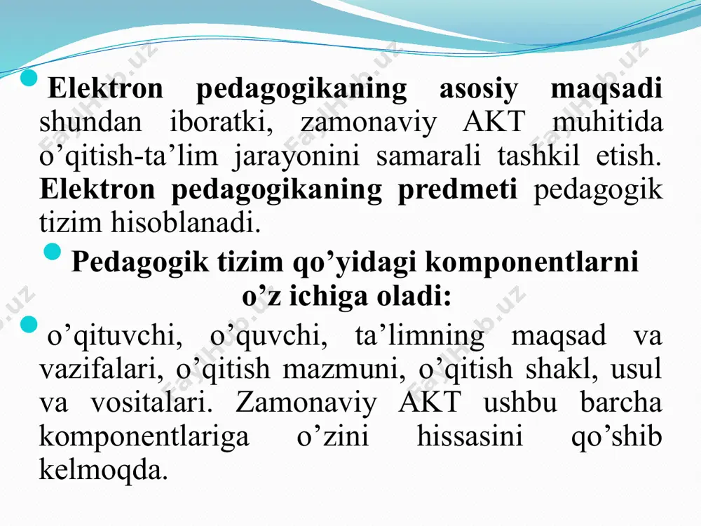 ir o’quv muassasasi yuksalish sari intiladi. 8 aniq o’qituvchi o’qituvchi tanlash imkoniyati elektron o’quv-uslubiy majmua – zamonaviy akt muhitida fanning asosiy komponenti hisoblanadi, chunki unda fanning maqsad va vazifalari, mazmuni, o’qitishning zamonaviy shakl, usul va vositalari hisobga olingan. o’quv maqsadli elektron vositalarni yaratish quyidagi uchta muhim bosqichning o’zaro bog’liqligini ta’minlaydi: mazmun bosqichi – bu bosqichda elektron vositalarning axborot-ta’lim resurslarini shakllantirish va uning axborot ta’minoti mazmuni yaratiladi; tashkiliy bosqich – bu bosqichda elektron vositalar yaratishning texnik jihatlari bilan bir qatorda, foydalanuvchilarning toifalarini aniqlashtirish, mavjud resurslarni tizimlashtirish va yangilab borish mexanizmlarini ishlab chiqish, ta’lim muassasalaridagi mavjud resurslarni integratsiyalash, elektron ta’limni tashkil etish, axborot-ta’lim resurslariga bo’lgan talabni aniqlash maqsadida foydalanuvchilar bo’yicha statistik ma’lumotlarni yig’ish va tahlil etish amalga oshiriladi; metodik ta’minot bosqichi – bu bosqichda elektron vositalardan o’quv jarayonida foydalanish metodikasini ishlab chiqish, maslahat xizmatlarini bajarish yo’lga qo’yiladi. . o’quv maqsadli elektron vositalarni yaratish quyidagi kontseptual tamoyillarga ega bo’lishi lozim: maqsadga yo’naltirilganlik tamoyili. …