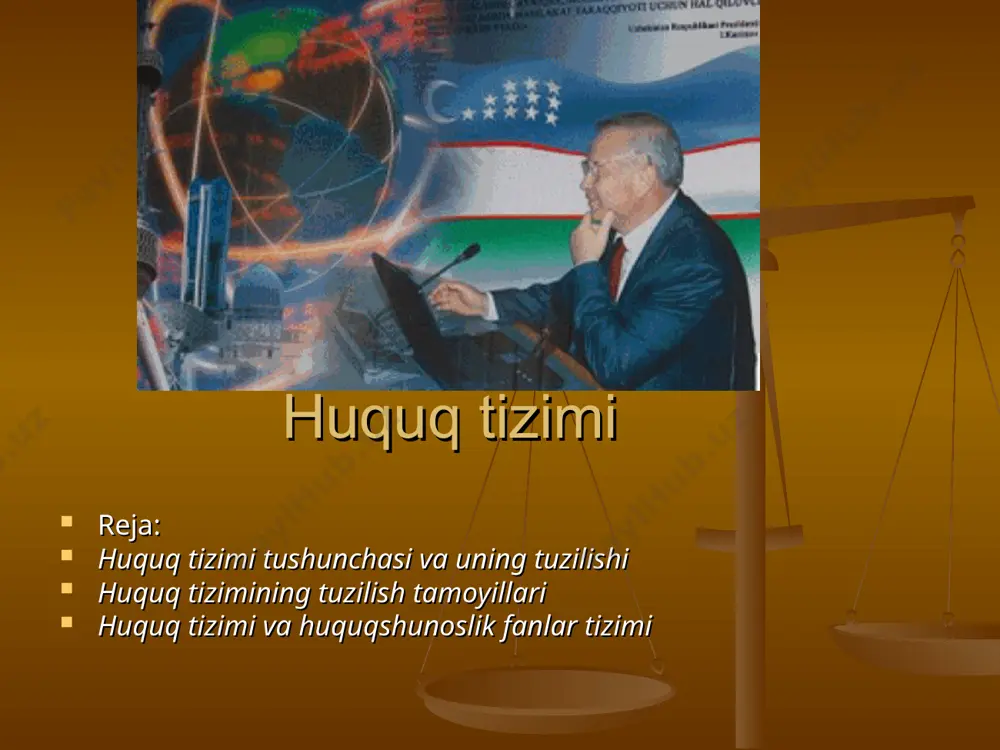 uq institutlari huquqning asosi hisoblangan o‘zbekiston respublikasi konstitutsiyasida ham mavjud. inson va fuqarolarninng asosiy huquqlari erkinliklari va burchlari jamiyat va shaxs» ma’muriy hududiy va davlat tuzilishi jamiyat va shaxs» ma’muriy hududiy va davlat tuzilishi huquq tizimining tuzilish tamoyillari . huquq tizimi tarixan obyektiv shakillanuvchi hodisa bo‘lgani sababli, uning normalari, huquq institutlari va huquq sohalariga ish ham obyektiv tamoyillarga asoslanadi. huquq tizimining obyektiv tamoyillari —bu jamiyatda har bir huquq sohasi bilan kishilar o‘rtasidagi ijtimoiy munosabatlarni tartibga solishdir. bu ijtimoiy munosabatlar o‘zining mazmuni na davlat boshqaruvining qaysi sohasiga tegishli ekanligi bilan farq qiladi. jamiyatning iqtisodi, ijtimoiy va siyosiy tuzilishidan kolib chiqqan xilma — xil ijtimoiy munosabatlar shu munosabatlarni tartibga soladigan huquqiy normalarning turini belgilab beradi. shuning uchun ham huquq institutlari va huquq sohalariga hamda huquq normalariga -huquq tizimiga bo‘lishning bosh asoslaridan biri bu huquq bilan tartibga solinadigan ijtimoiy munosabatlardir. bu ijtimoiy munosabatlar huquqiy tartibga solish predmeti deb ataladi . o‘zbekistonda huquq sohalarii …