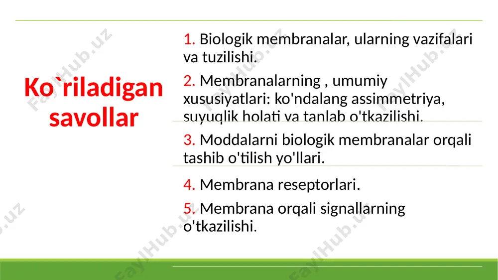 biosintezida qatnashadi. 5. hujayralararo matriks va boshqa hujayralar bilan bog‘lanish va ta’sirlanish, hujayralarning qo‘shilishida va to‘qimalar hosil qilishida ishtirok etadi. 6. hujayra va organellalar shaklini va harakatini ta’minlash, sitoskeletni hosil qilish. biomembranalar yog‘lar, oqsillar va karbon suvlardan tashkil topgan. membrana komponentlari nokovalent bog‘lar bilan bog‘langan, bu esa ularning nisbiy harakatchanligini belgilaydi. membrananing suyuq holati ulardagi to‘yinmagan yog‘ kislotalariga bog‘liqdir. membrana oqsillari ham harakatchandir. agar ular membrana ichiga chuqur kirmagan bo‘lsa, lipid qavatida suzib yurishadi. shuning uchun biomembranalar suyuq-mozaik shaklga egadir. это изображение, автор: неизвестный автор, лицензия: cc by-nc membrana tarkibi yog‘lar, oqsillar va karbon suvlar nisbati biomembranalar turiga bog‘liq. masalan: miyelinning ¾ qismi yog‘lardir, mitoxondriyalarning ichki membranasida esa oqsillar ko‘p, plazmatik membranalar tashqi qavatida esa karbon suvlar mavjud. membranalarda lipidlar tarkibi ularning hujayra va to‘qima spetsifikligi bilan bog‘liq. ularning asosini fosfolipidlar (fosfatidilholin, fosfatidiletanolamin, fosfatidilserin, kardiolipin, sfingomiyelin) hosil qiladi, so‘ng glikolipidlar va xolesterin tashkil qiladi. membrana minor komponentlariga mitoxondrial membranalardagi ubixinon, …