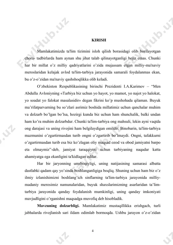 y mеroslari asosida tarbiyalashni, ta'lim bеrishni taqazo etadi. i-bob. pedagogika va psixologiyaga oid adabiyatlarda shaxs tarbiyasi masalalari. 1. barkamol shaxsni tarbiyalashning maqsad vazifalari barkamol avlod - ko`nglida, qalb-qo`rida ishonch va iftixor tuyg`ular mavjlanib turgan avloddir. u nafaqat haq-huquqini, balki fuqarolik burchini ham chuqur anglaydi. xuddi shu anglash, his qilish qaysi ilm dargohida ta'lim olmasin, qay bir sohada mehnat qilmasin, ulug` yurtning an'analariga munosib bo`lishga undaydi. hech shubhasiz, har qanday millat o`z farzandlarining barkamol bo`lishini orzu qiladi. aslida barkamollik juda keng tushuncha. tilimizning izoqli lug`atida barkamollik quyidagicha ta'riflanadi: "jismoniy va aqliy jihatdan kamolot, voyaga yetish, bekamu ko`st mukammallik holati va hokazo". barkamol shaxsni tarbiyalashda muallimning bilimdon bo’lishi, ma'naviy barkamolligi o’quvchi shaxsining shakllanishiga barkamol shaxs bo’lib voyaga etishida ijobiy ta'sir o’tkazadi. «qadimgi ajdodlarimiz», - dеgan edi. o’zbеkiston rеspublikasining birinchi prezidenti i.a.karimov oliy majlisining birinchi sеssiyasidagi ma'ruzasida, - komil inson haqida butun bir ahloqiy talablar majmuasini, zamonaviy tilda aytsak, sharqona axloq kodеksini ishlab …