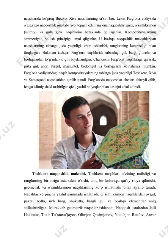bofta, uch barg, shukufta, bargli gul va boshqa elementlar aniq stillashtirilgan. murakkab geometrik naqshlar ishlanadi. naqqosh ustalardan jalil hakimov, toxir to`xtaxo`jayev, olimjon qosimjonov, yoqubjon raufov, anvar ilhomov, komil karimov va boshqalar toshkent naqqoshlik maktabining asoschilaridirlar. xiva naqqoshlik maktabi. xiva naqshi samarqand, toshkent, farg`ona, buxoro naqshidan tubdan farq qiladi. rangi jihatidan kelsak, naqshlarning umumiy rangi ko`pincha havorang koloritda ishlanadi. ranglar kam ishlatilsada, o`ziga kos ko`rkamlikka ega. xiva naqshida asosan zangori va yashil ranglar juda ko`p ishlatiladi. xorazm naqshlari butun yuzani geometrik naqshlar bilan to`ldirib moviy va yashil buyoq berishni yaxshi ko`rganlar. kompozitsiyada naqshlarning tuzatilishiga qaraganda, asosan novda spiralsimon aylanib-aylanib murakkab naqshlar hosil qiladi. islimiy naqsh kompozitsiyada novda, margula, shukufta, barg, no`xat gul, oddiy oyguldan tashkil topadi. bu islimiy naqshlar boshqa shaharlardagi naqqoshlik maktablaridan asosan naqshlarning u inoqi harakatchanligi bilan farq qiladi. ko`pincha yulduz hosil qiluvchi girixlar ishlatilib, orasiga spiralsimon islimiy naqsh ishlatiladi. xiva naqshlari umuman madohili naqshlar asosida to`ziladi. keyin esa …