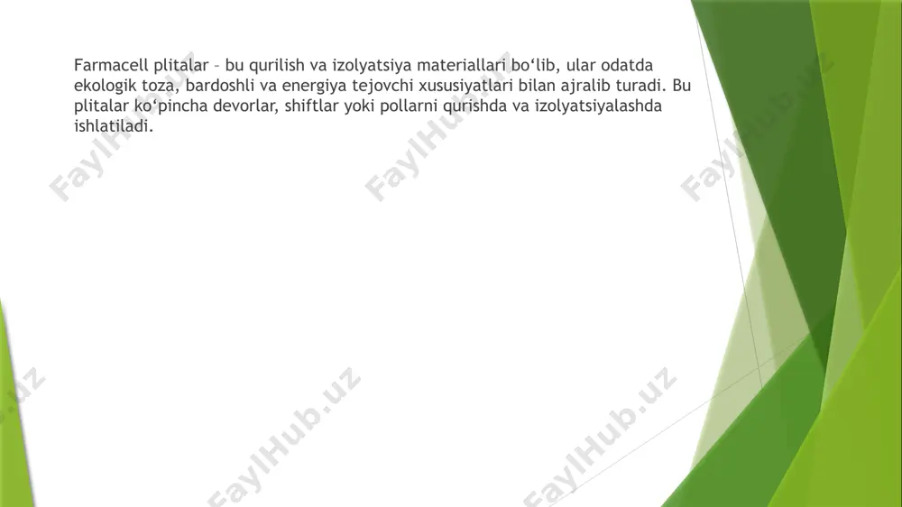 imchalardan iborat. ushbu plitalar issiqlik va ovoz izolyatsiyasini ta'minlaydi, namlikka va yong‘inga chidamlilik xususiyatlariga ega. biroq, farmacell plitalarining yuqori narxi, og‘irligi, o‘rnatishdagi murakkabliklari va tashishdagi qiyinchiliklar kamchilik sifatida qayd etilgan. shu bilan birga, bu plitalar turli o‘lchamlarda ishlab chiqarilib, pol, devor va shiftlarda qo‘llash uchun mos variantlarni taklif etadi. ularning fizik va mexanik xususiyatlari zamonaviy qurilish ehtiyojlariga javob beradi. foydalanilgan adabiyotlar 1. a.a. tulaganov, x.x. kamilov, m.m. vohidov, a.a. sultonov “zamonaviy qurilish materiallari, buyumlari va texnologiyalari” o’quv qo’llanma 2015-y 2. qosimov. e “qurilish ashyolari” darslik 2004-y 3. wikipedia.org 4. arxiv.uz image1.png image2.png image3.jpeg image4.png image5.png /docprops/thumbnail.jpeg
