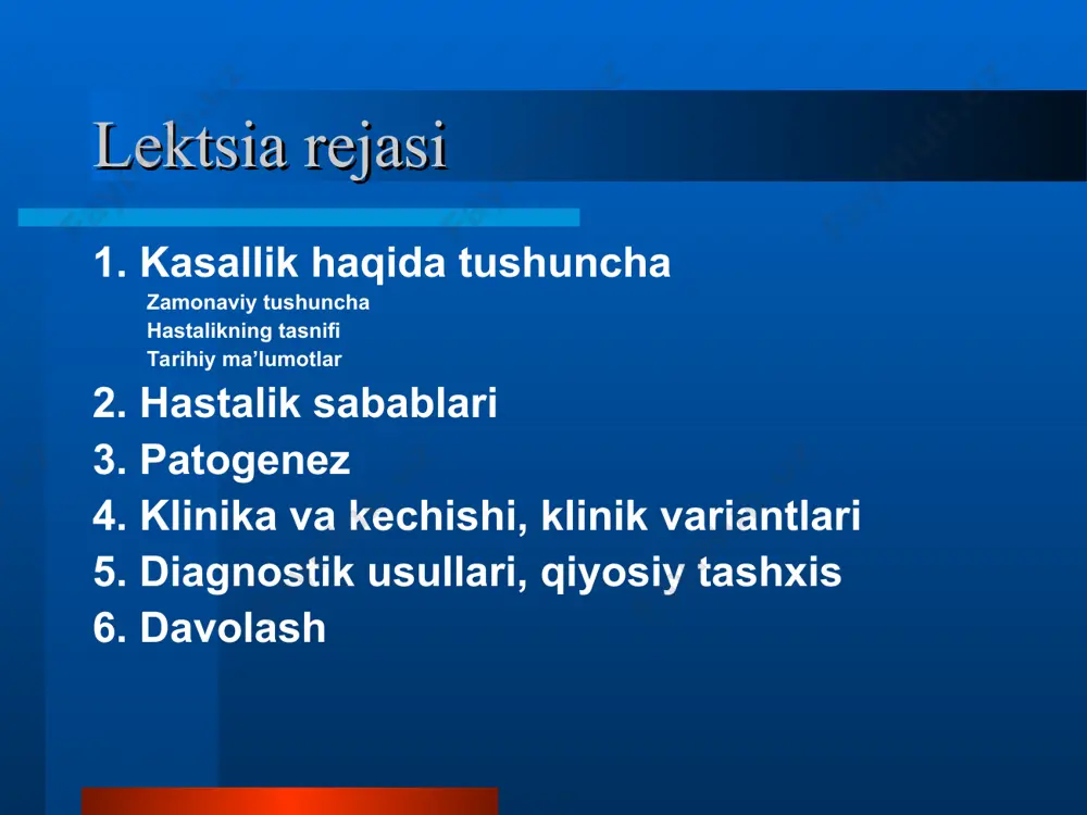 a ko’z tomonidan shikoyatlar parodontoz, gingivit furunkulyoz, karbunkulyoz kichik belgilar diagnostik belgilar 1.giperglekimia(qondagi qand miqtorini normasi 4,4-6,6 mm/l) 2.glyukozuria(normada peshopda qand bolmaydi) 3.siydikning solishtirma ogirligining balandlig (1016-1018) 4.siydikda keton tanachalarini oshgani hastalikning davosi 1.dietaterapiya 2.peroral qandni kamaytiruvchi dorilar 3.insulinoterapiya any constructive questions, comments or we can sit down?