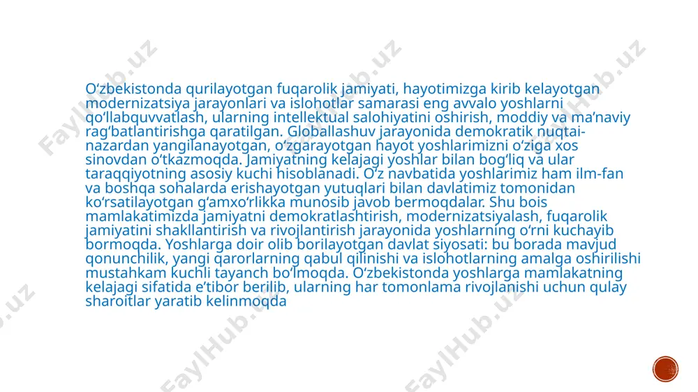 ksalarning huquqlari davlat himoyasidadir”; - 64-moddada: “ota-onalar o‘z farzandlarini voyaga etgunlariga qadar boqish va tarbiyalashga majburdirlar”; - 66-modda: “voyaga etgan, mehnatga layoqatli farzandlar o‘z ota- onalari xaqida g‘amxo‘rlik qilishga majburdirlar”; -117-moddada: “o‘zbekiston respublikasining o‘n sakkiz yoshga to‘lgan fuqarolari saylash huquqiga egadirlar” kabi me’yorlar belgilab qo‘yilgan1.bundan tashqari, o‘zbekiston respublikasi konstitutsiyasining normalari asosida qabul qilingan qator qonun hujjatlarini ikki guruhga ajratish mumkin. birinchi guruhga 1991-2002 yillarda qabul qilingan qonun hujjatlari. mazkur davrda “o‘zbekiston respublikasida yoshlarga oid davlat siyosatining asoslari to‘g‘risida”gi (1991), “jismoniy tarbiya va sport to‘g‘risida” gi (1992), “ta’lim to‘g‘risida”gi (1992 yil, 1997 yil yangi tahrirda) “kadrlar tayyorlash milliy dasturi” (1997) qabul qilindi. o‘zbekiston respublikasi prezidenti sh. mirziyoyevning o‘zbekiston respublikasida yoshlarga oid davlat siyosatini tubdan isloh qilish va yangi bosqichga olib chiqish chora-tadbirlari to‘g‘risidagi farmoni haqida o‘zbekiston respublikasi prezidenti sh. mirziyoyevning o‘zbekiston respublikasida yoshlarga oid davlat siyosatini tubdan isloh qilish va yangi bosqichga olib chiqish chora-tadbirlari to‘g‘risida 2020-yil 30-iyundagi so’zlagan nutqida quyidagilarni …