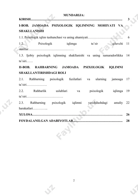 gan munosabatiga, balki ish samaradorligiga, xodimlar almashinuvi, stress va nizolarning oldini olishga ham katta ta’sir ko‘rsatadi. shu sababli rahbarlar nafaqat buyruq beruvchi, balki ruhlantiruvchi, qo‘llab-quvvatlovchi va jamoani bir butun kuchli tizimga aylantiruvchi shaxs bo‘lishi lozim. so‘nggi yillarda o‘zbekiston respublikasida jamiyatda psixologik farovonlikni ta’minlash, shaxsiy va jamoaviy salomatlikni yaxshilash maqsadida bir qator muhim huquqiy hujjatlar qabul qilindi. jumladan, 2024-yil 11-noyabrda o‘zbekiston respublikasi oliy majlisi tomonidan “aholiga psixologik yordam ko‘rsatish to‘g‘risida”gi qonun qabul qilindi. ushbu qonun 2025-yil 6-fevraldan kuchga kiradi va unda aholining, shu jumladan tashkilot va mehnat jamoalarining ruhiy sog‘lig‘ini saqlash, psixologik yordam turlarini kengaytirish, davlat tomonidan bepul psixologik yordam ko‘rsatiladigan toifalarni belgilash kabi dolzarb yo‘nalishlar belgilab berilgan. bundan tashqari, 2025-yil 10-yanvarda davlat dasturining loyihasi doirasida ta’lim muassasalari va boshqa tashkilotlarda faoliyat yurituvchi xodimlarning ruhiy salomatligini himoya qilishga qaratilgan chora-tadbirlar belgilandi. unga ko‘ra, pedagoglar, rahbar xodimlar va jamoa a’zolari o‘rtasida bulling, ruhiy bosim, stress holatlari, professional charchash (burnout) kabi muammolarni bartaraf …