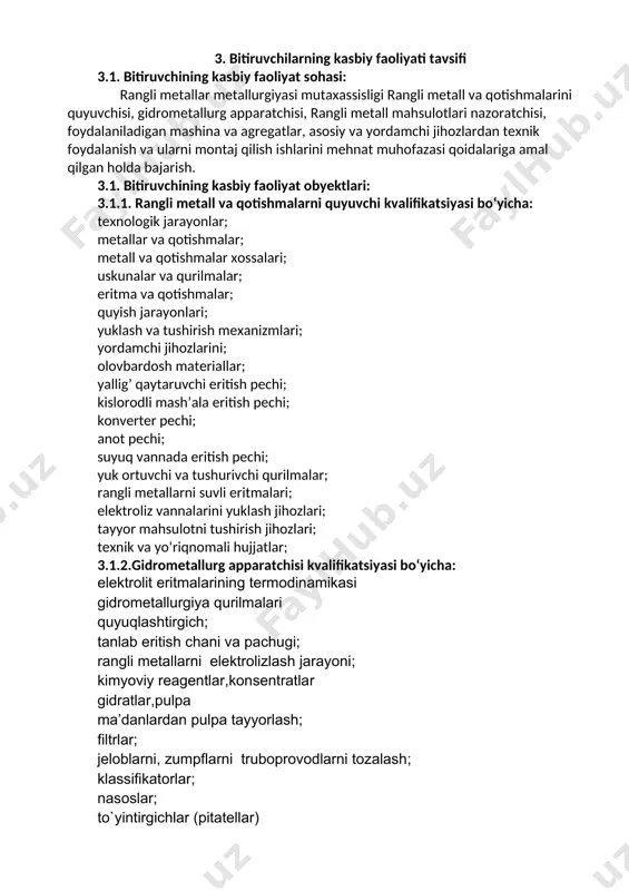 h; tayyor mahsulotni tushirish jihozlarida foydalanish; texnik va yo‘riqnomali hujjatlardan foydalanish; 3.2.2.gidrometallurg apparatchisi kvalifikatsiyasi bo‘yicha: parli va issiq suvli quvurlarga texnik xizmat ko‘rsatish; yuqori bosimda ishlaydigan quvurlarga texnik xizmat ko‘rsatish; yuk ko‘tarish qurilmalari bilan ishlash; gidrometallurg apparatchisi asosiy va yordamchi jihozlarni soz holda qabul qilib olishi, nosozligini sozlash, to‘siqlar holatini, yo‘laklarni,havo quvurlarini, ventilatsiya tizimini, blokirovka tizimini, signalizatsiya va aloqa vositalarini tekshirib qabul qilish; gidrometallurgik jihozlarni texnologik sozligini apparatlarni korpusini, germetik holatini tekshirish, nosozliklarni bartaraf etish; texnologik karta asosida materiallarni qabul qilish,omborga qo‘yish; ma’danlardan pulpa tayyorlash; filtrlarga xizmat ko‘rsatish; jeloblarni, zumpflarni truboprovodlarni tozalash; asosiy gidrometallurgik agregatlarni tuzilishi, ekspluatsiya qoidalari roya qilgan holda (klassifikatorlar,gidropulperlar, avtoklavlar, separatorlar,isitkichlar, yonbosh apparaturalar, agitatorlar, parlovchi qurilma, filtrlar, pitatellar, perkolyatorlar, dekompozerlar, quyuqlashtirgichlar, karbonizatorlar, qoplar)ga xizmat ko‘rsatish va ishlatish; texnik xavfsizlik va yo‘riqnomali hujjatlardan foydalanish; 3.2.3. rangli metallurgiya mahsulotlari nazoratchisi; rudalarni biyitish va ishlov berish; boyitish usullari; minerallarning xossalari; boyitishning texnologik sxemalari; rangli metall boyitmalarini kuydirish; kuydirish turlari va …